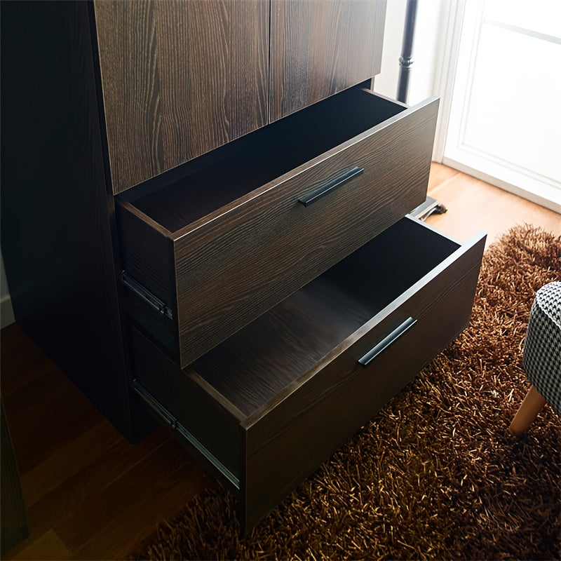 Dark Brown Wooden Closet with Dual Doors, 2 Drawers & Hanging Rods - Spacious Storage Solution, Mounted Closet Systems