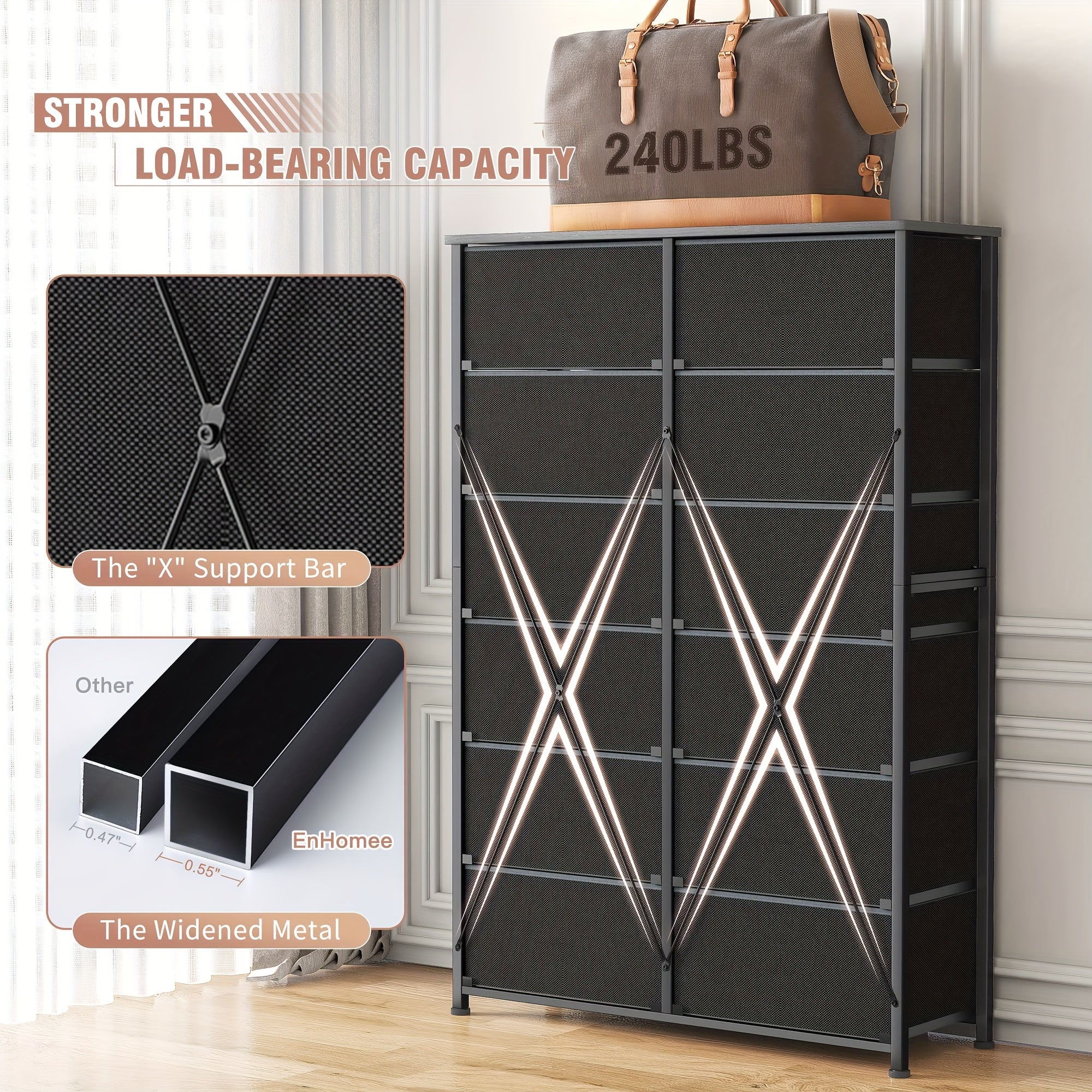 12 Drawer Dresser, Tall Dressers For Bedroom With Wooden Top And Metal Frame, Black Dresser & Chest Of Drawers For Bedroom, Closet Living Room, Black Grey, 11.9" D X 34.8" W X 52.2" H