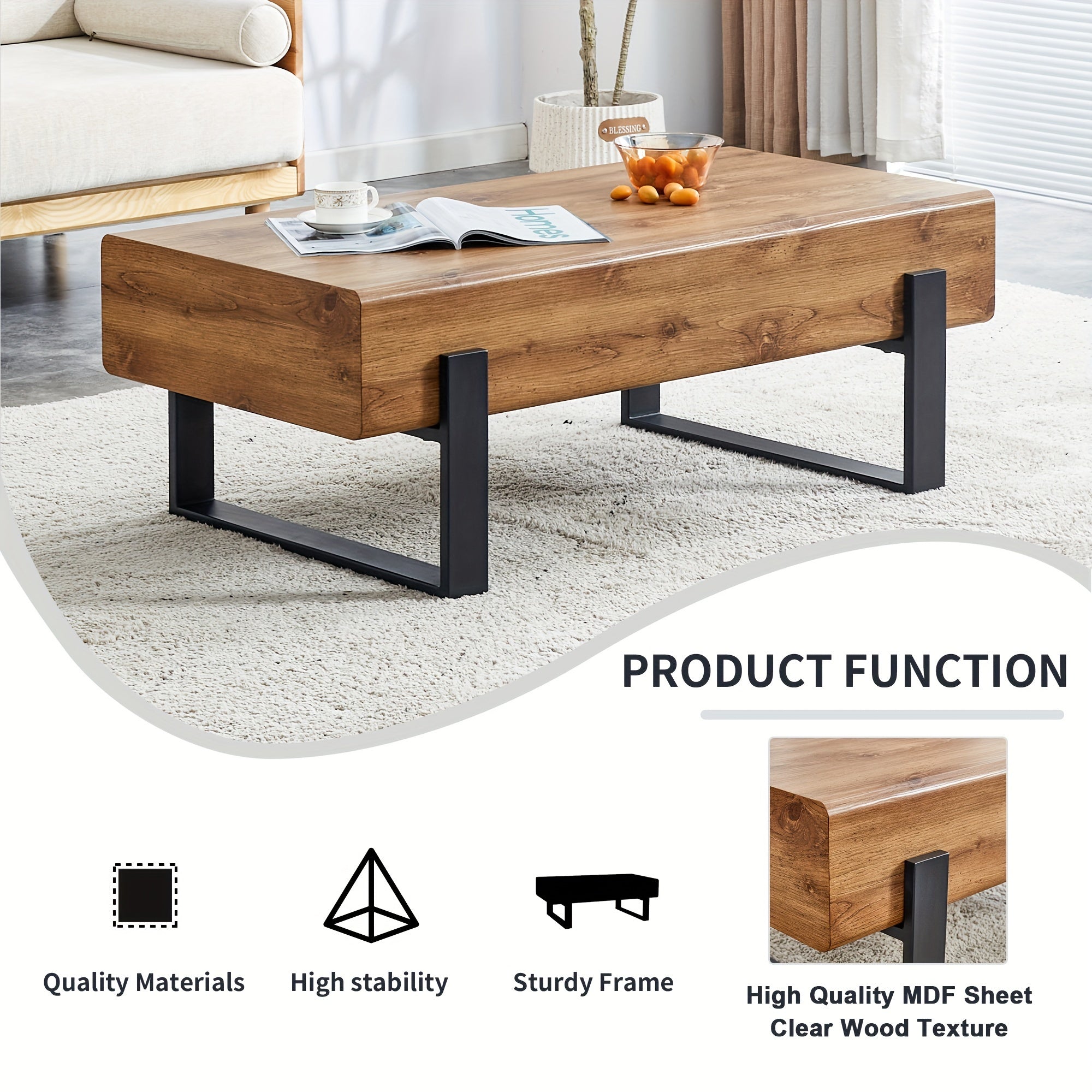 Rectangle Rustic Coffee Table Modern Farmhouse Wood Simple Coffee Table With Metal Legs Center Table For Living Room