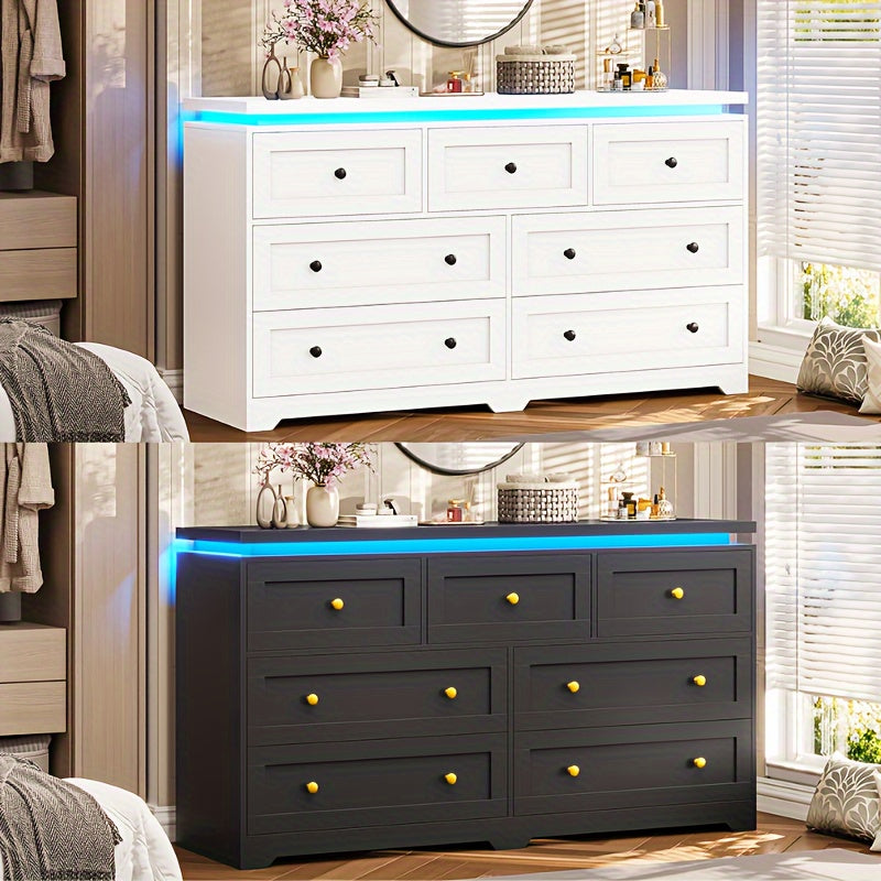 7 Drawers Dresser Bedroom Dresser With 7 Drawers Modern Chest Of Drawers With LED Lights 47’’ Wide Dresser With Metal