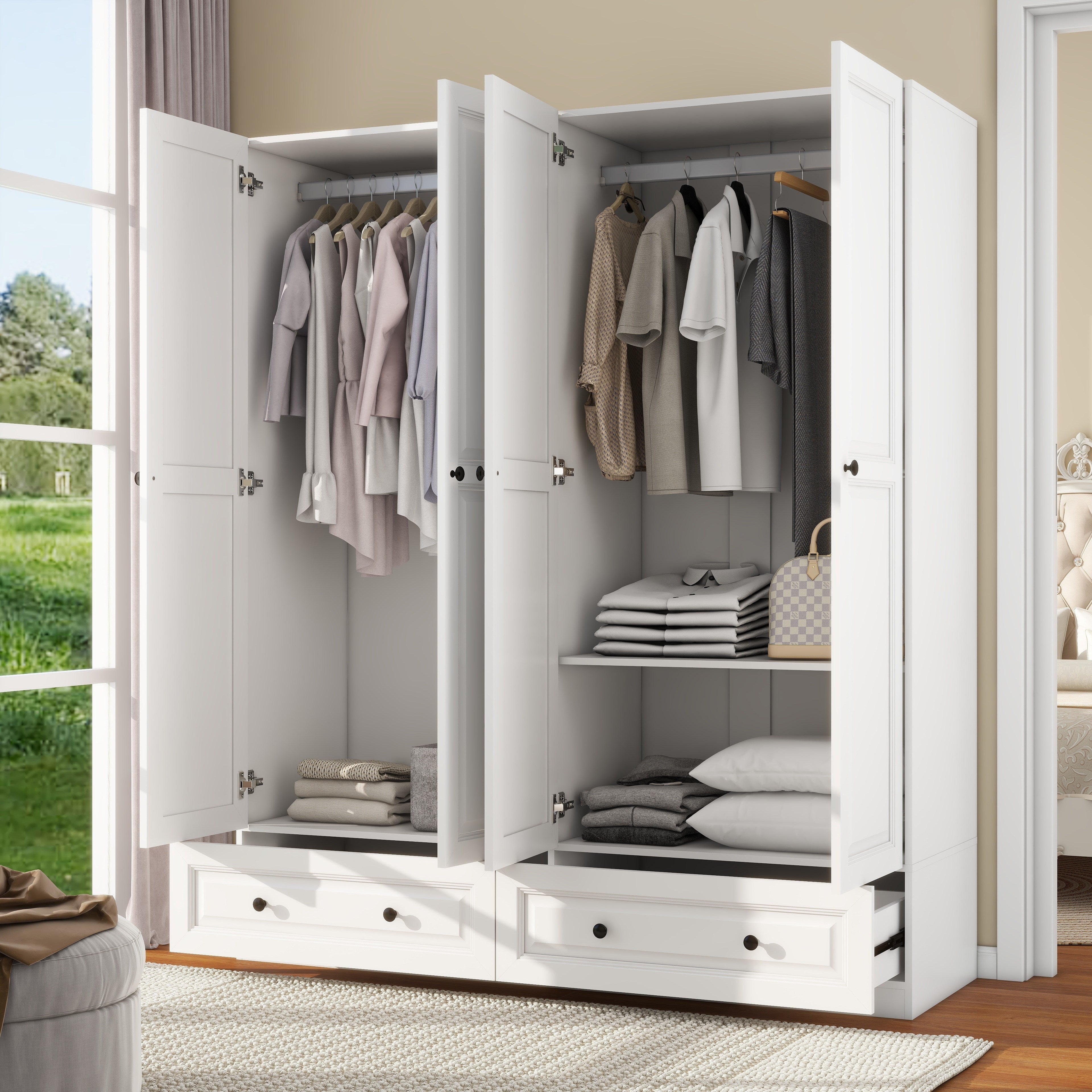 White Armoire Wardrobe Closet With 4 Drawers, 74" Bedroom Wardrobe Closet For Hanging Clothes, Wood Cabinet For Clothes With 4 Doors, Armoire With Shelves