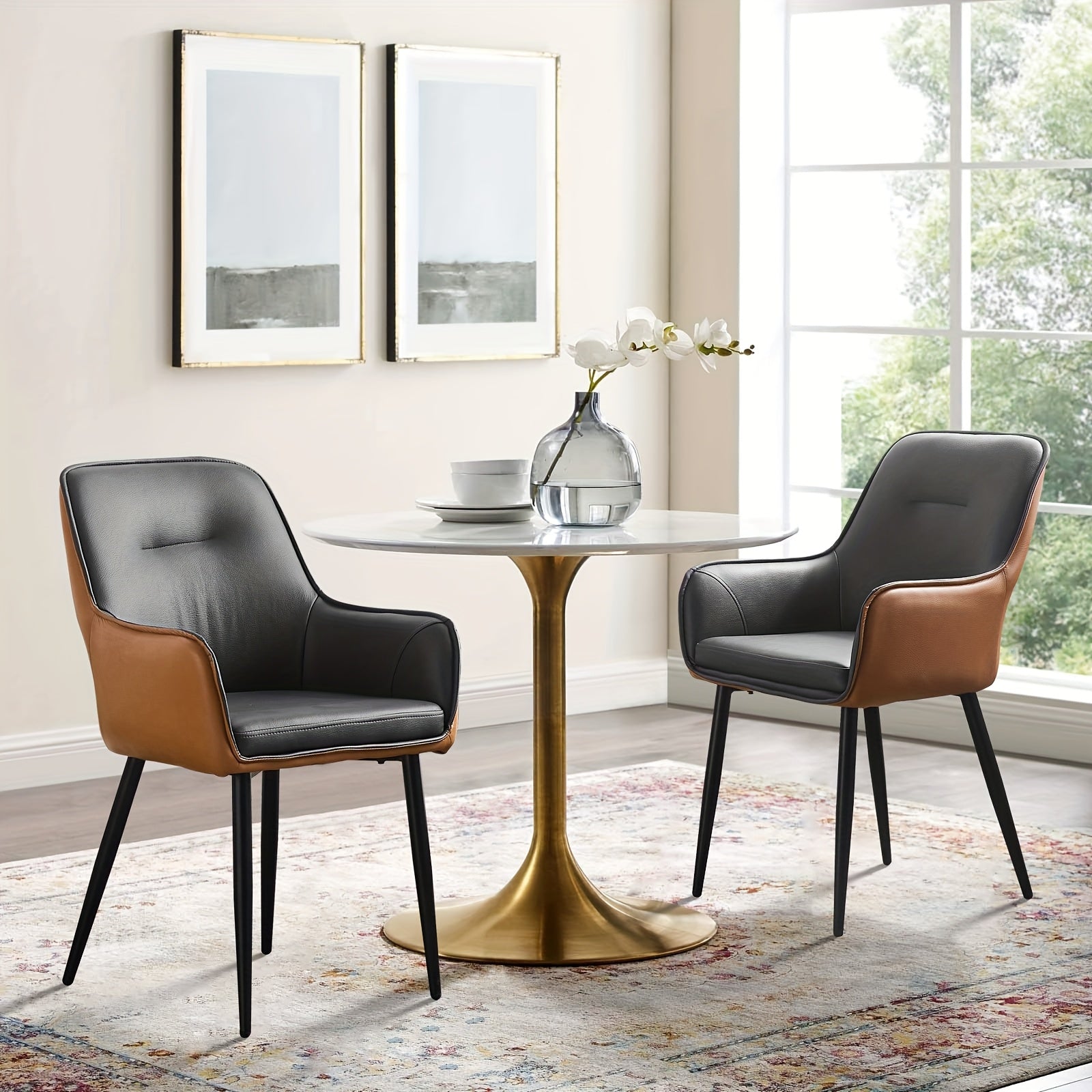 Set of 2 Vintage Upholstered Dining Chairs Faux Leather Padded Armchairs with Solid Back Metal Frame & Legs Wipe Clean