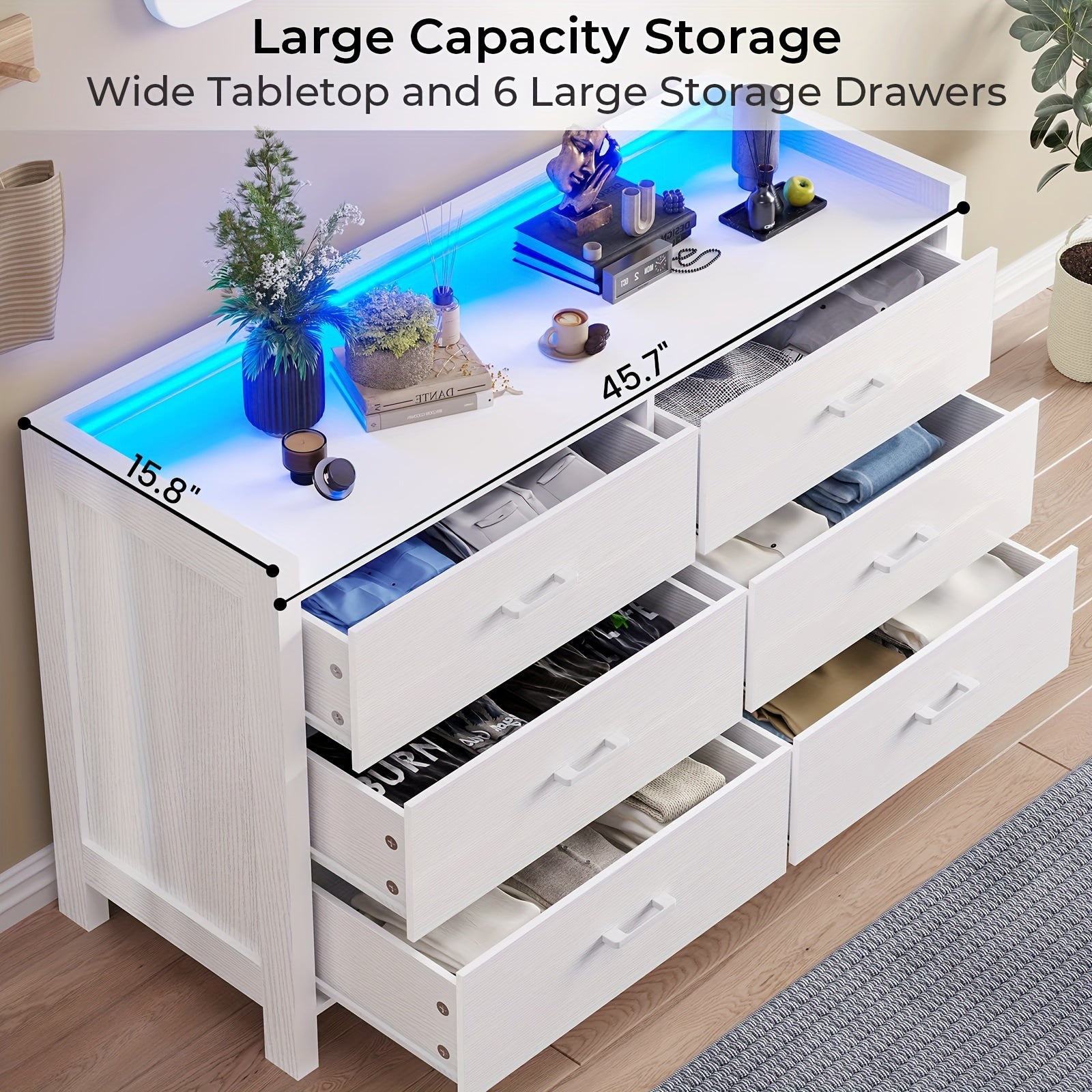Bedroom Storage Cabinet With LED Lights Large Capacity Storage Cabinet 6 Drawer Storage Cabinet White - White - Dresser