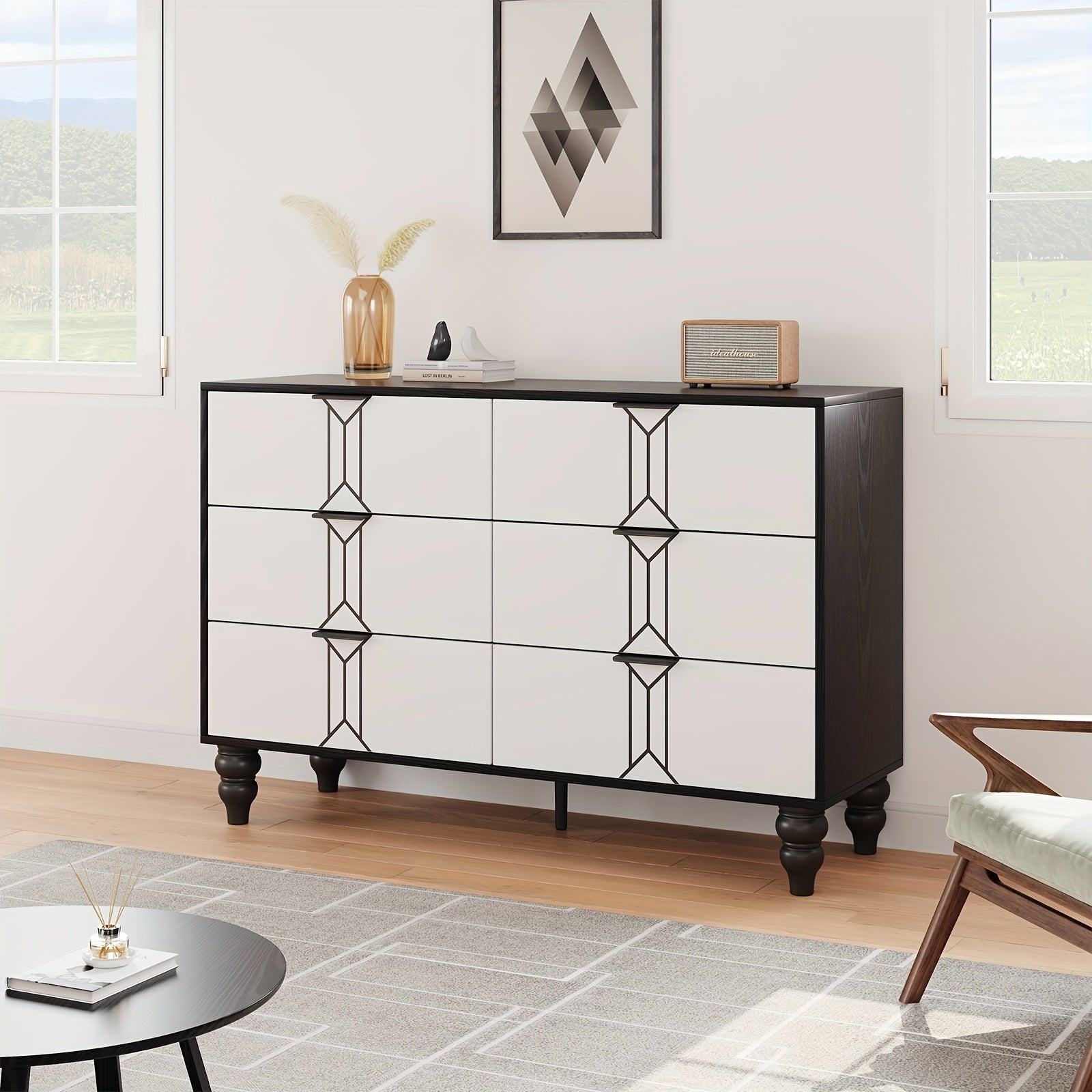 Vintage Style 6-Drawer Dresser, Modern Black And White Chest With Deep Storage For Bedroom, Living Room And Entryway