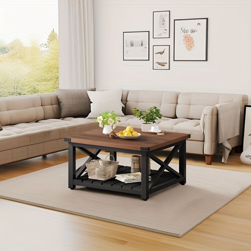 Farmhouse Square Coffee Table Wood Center Table End Table with Open Storage Shelf for Living Room Gray Wash - Walnut