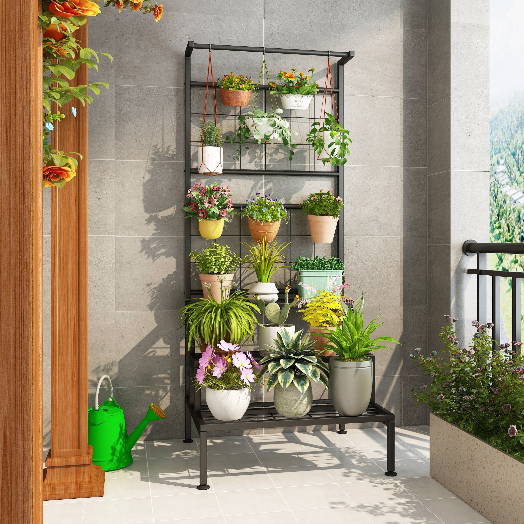 Plant Stand 3-Tier Hanging Shelves Flower Pot Organizer Multiple Flower Display Holder Indoor Outdoor Heavy Duty Potted Planter Rack Unit with Grid Panel for Living Room