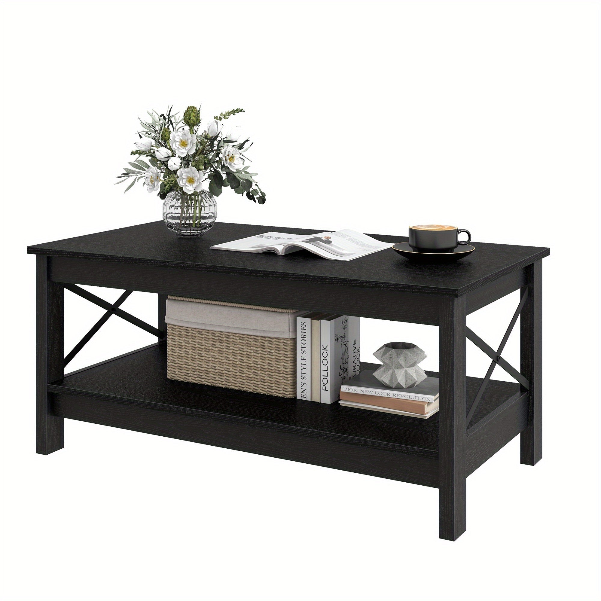 Farmhouse Coffee Table Shelf Design Modern Home Decor Accent Tables for Christmas Halloween Decor - Black relief