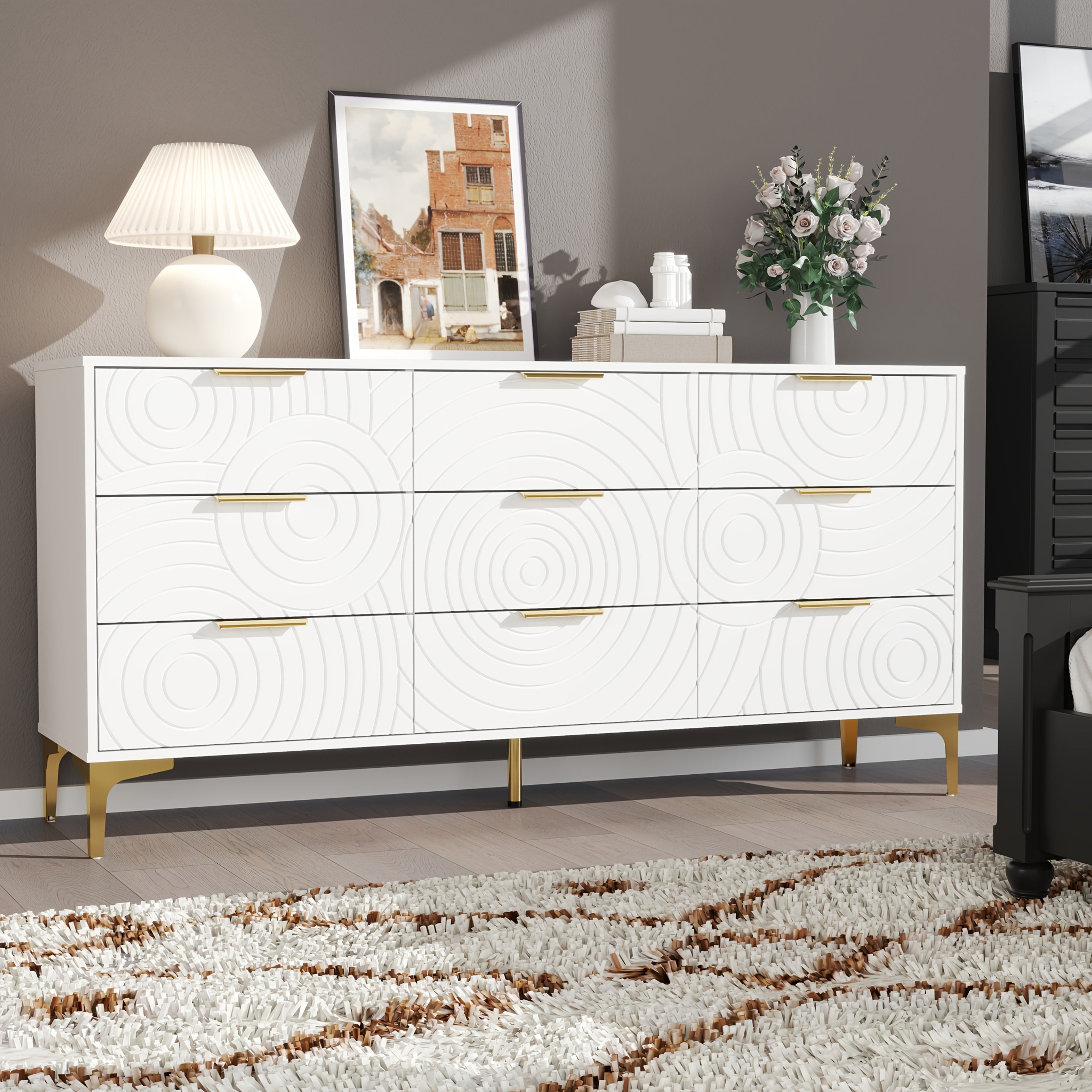 9/6-Drawer Modern Storage Cabinet Gold-Accented Handles Geometric Pattern Sturdy Metal Legs Easy-Slide Drawers Living