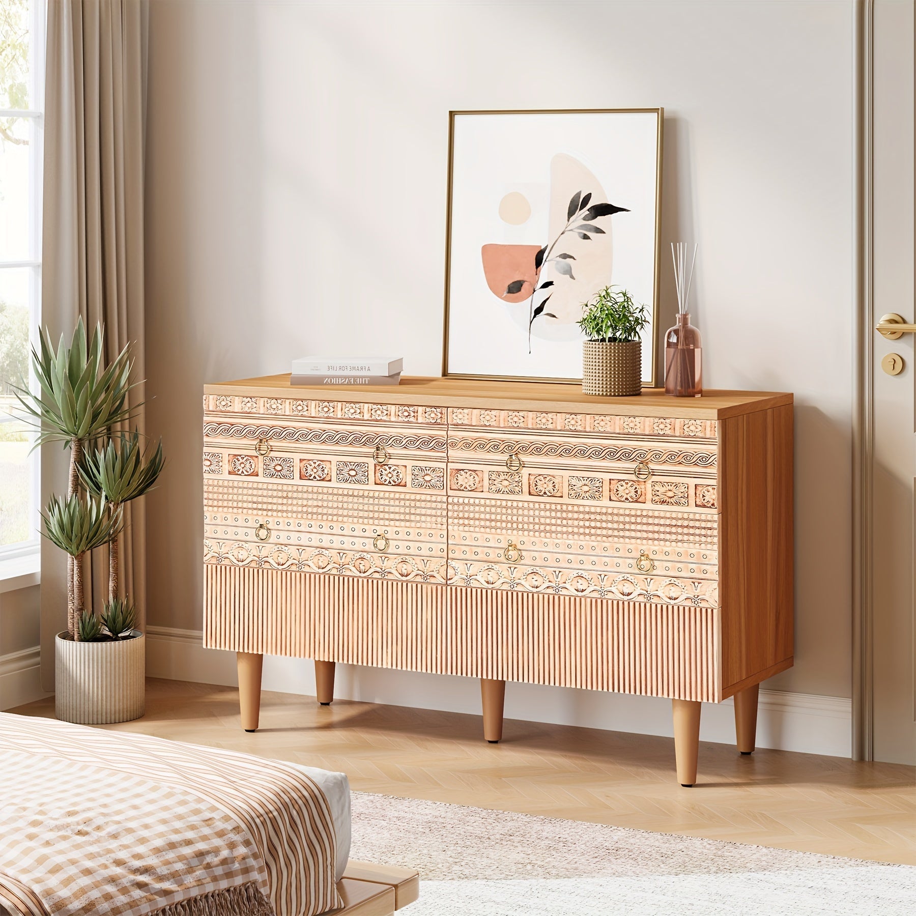 47-Inch Boho Accent Dresser, Double Wide Chest Of Drawers With 6 Carved Drawers, 6-Drawer Dresser Wooden Storage Dresser With Golden Metal Handles & Legs For Bedroom, Living Room