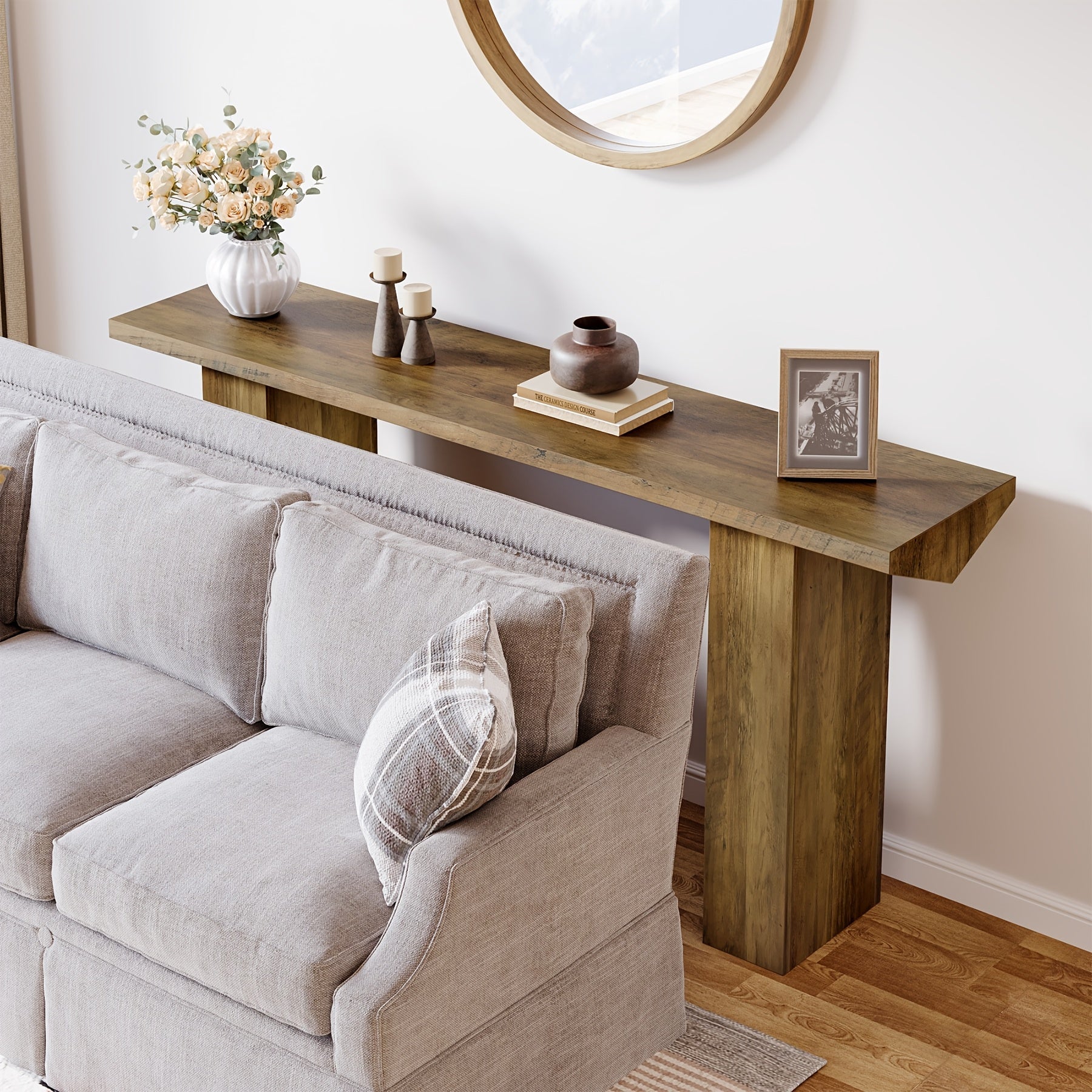 Chic Farmhouse Console Table - 63" Long, Stain-Resistant MDF Wooden Desk with Unique Inverted Triangle Design for Office, Entryway, or Living Room Decor