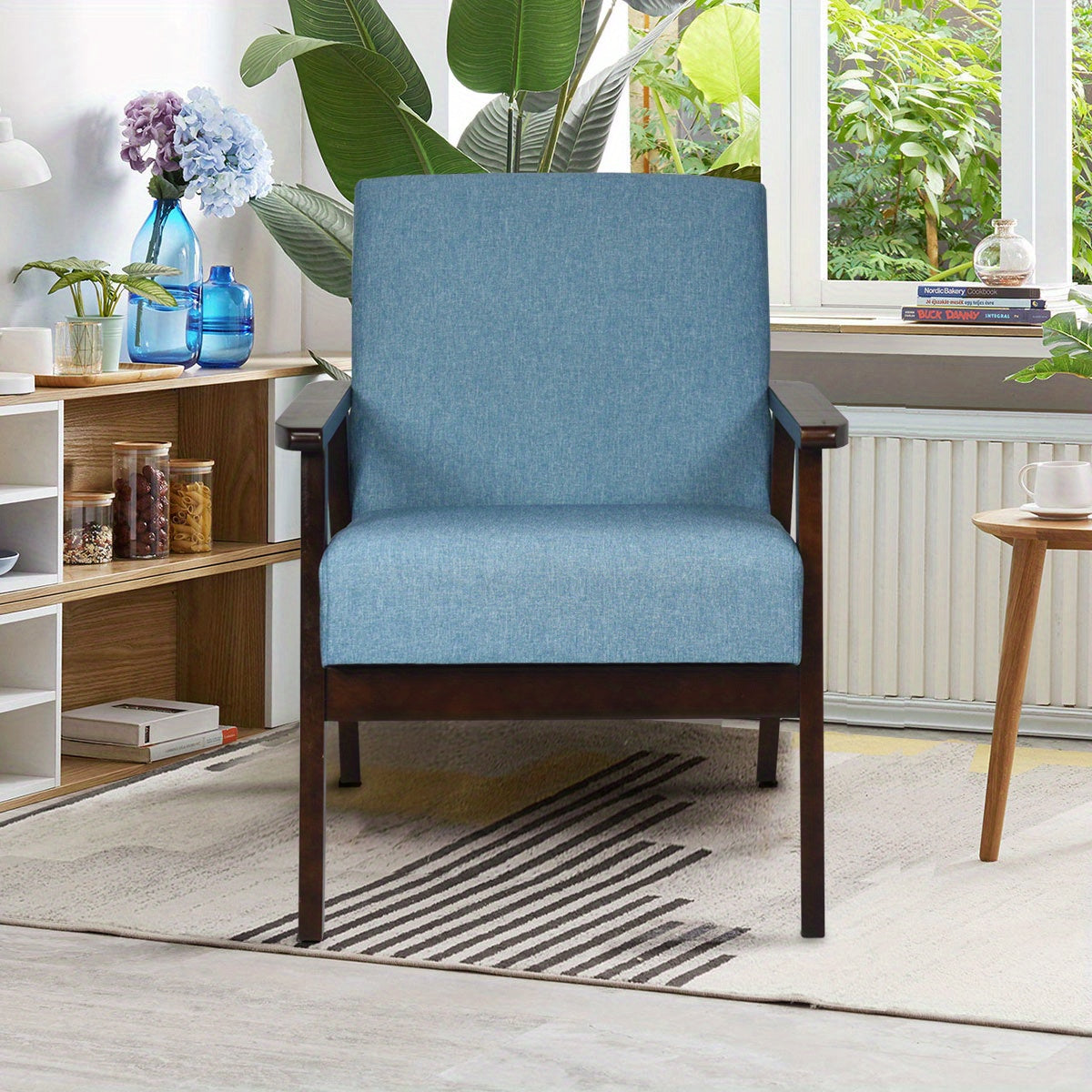 Accent Chair, Fabric Upholstered Wooden Lounge Chair, w/ Rubber Wood Legs, Arm Chair for Living Room, Office, Balcony, Dark Grey/ Blue/ Light Grey