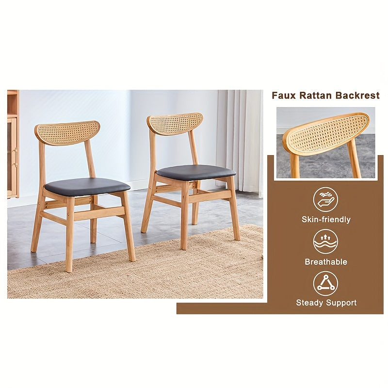 Set of 4 Elegant Oak & Walnut Wooden Dining Chairs with Faux Rattan Backrest, Comfortable PU+Foam Cushioned Seats - Mid-Century Modern Style, Durable & Sturdy for Kitchen, Living Room, Office