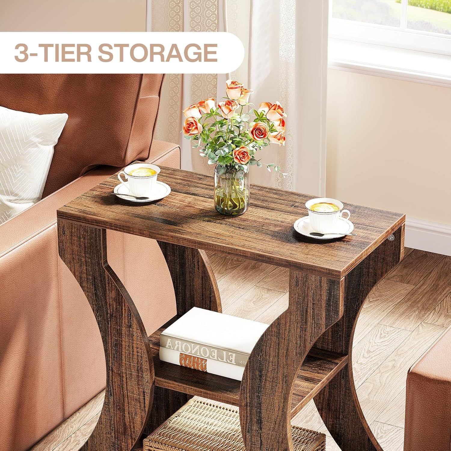 3-Tier Side Table with Storage Shelves, 24" Farmhouse End Table, Modern Wood Accent Table, Nightstand Bedside Table for Living Room, Bedroom, Ladder Racks, Storage and Organization