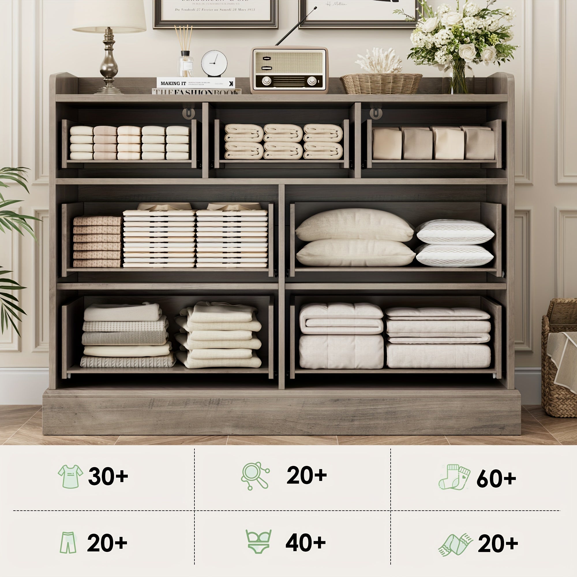 Modern 6 Drawer Dresser For Bedroom, Double Wide Chest Of Drawers With Storage, Tall Dresser With Metal Handle & Fluted Glass, Wood Console Cabinet With Fence For Living Room, Entryway, Ash Gray, White, Black+Gold