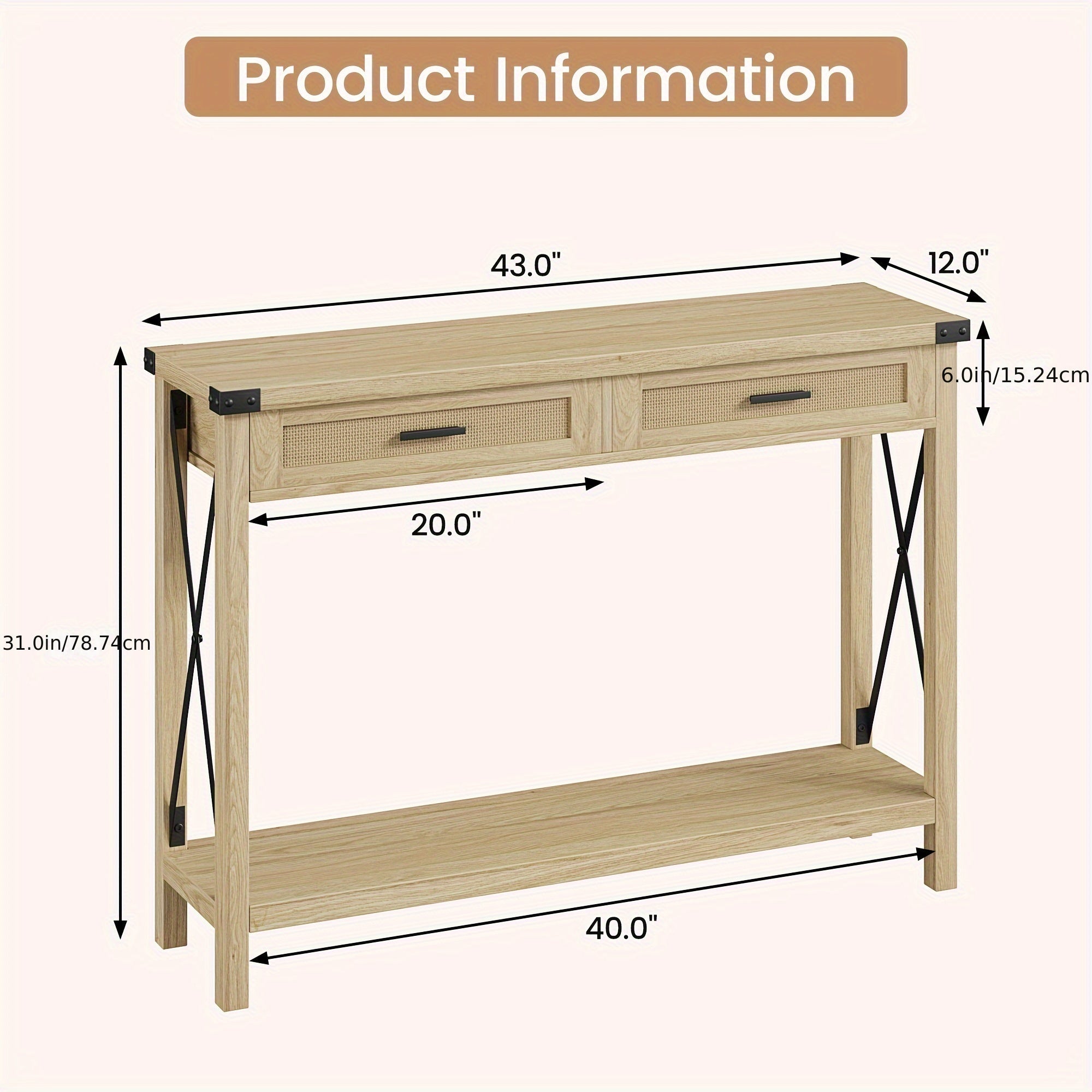 Boho Entryway Table With Rattan Drawers, Console Table For Entryway, 43" Wood Sofa Table With Storage For Living Room, Hallway, Foyer