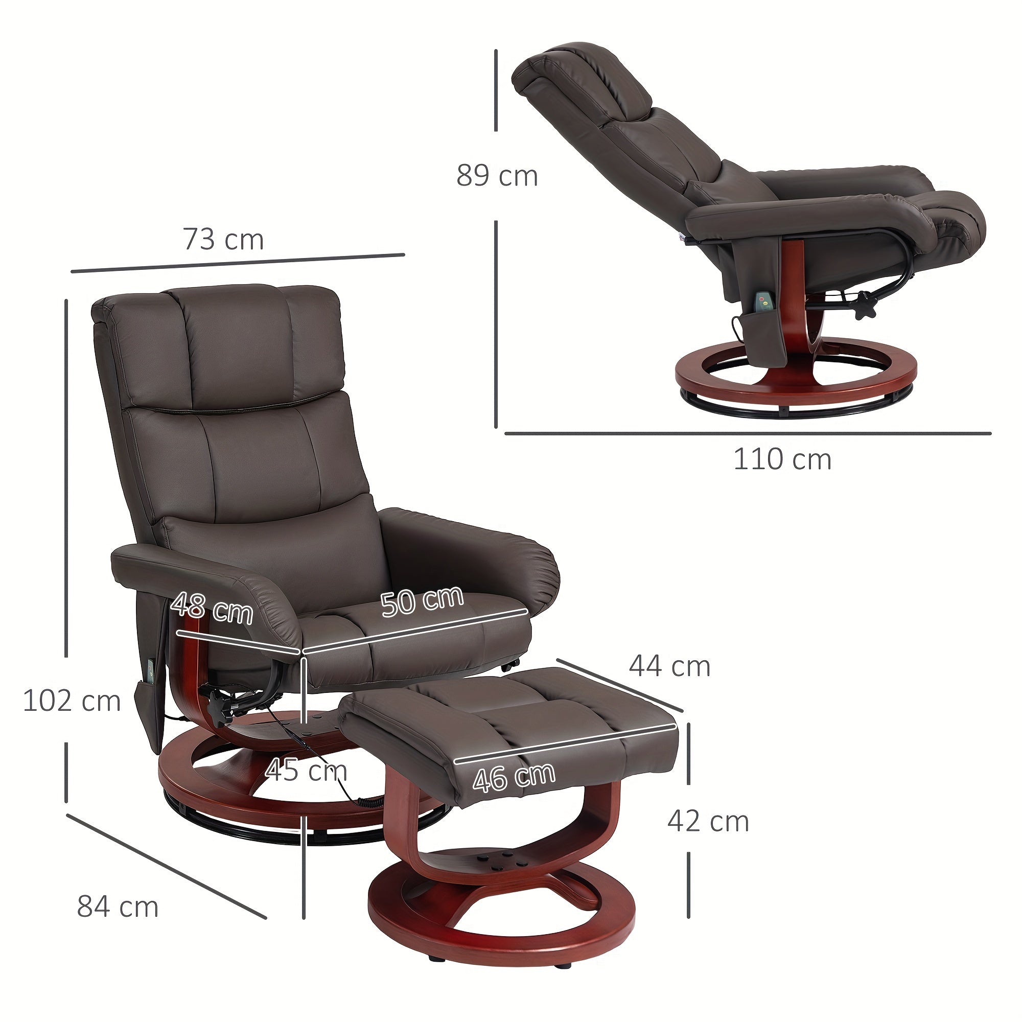 Massage Recliner Chair with Ottoman, Swivel Recliner and Footrest, Faux Leather Reclining Chair with Remote Control and Side Pocket, Brown