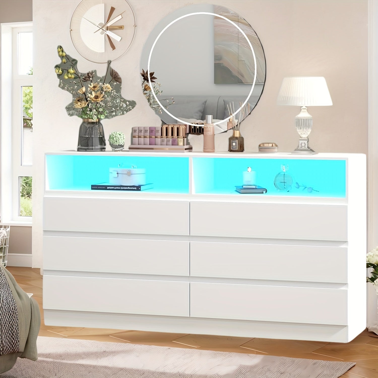 9 Drawers Vanity Desk With Power Outlet & Lights Makeup Vanity Table Dressing Table For Women Girls - 6 Drawers-White