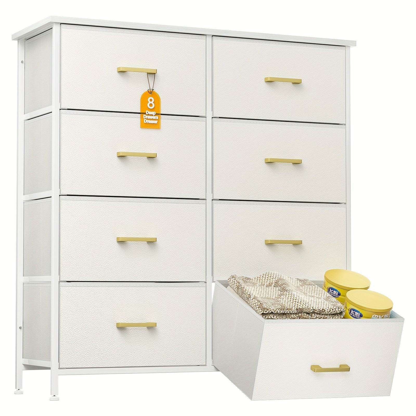 Dresser For Bedroom With 8 Drawers, Chest Of Drawers For Closet, Living Room, Hallway, White Dresser With Sturdy Steel Frame, Fabric Bins, (Glacier White)