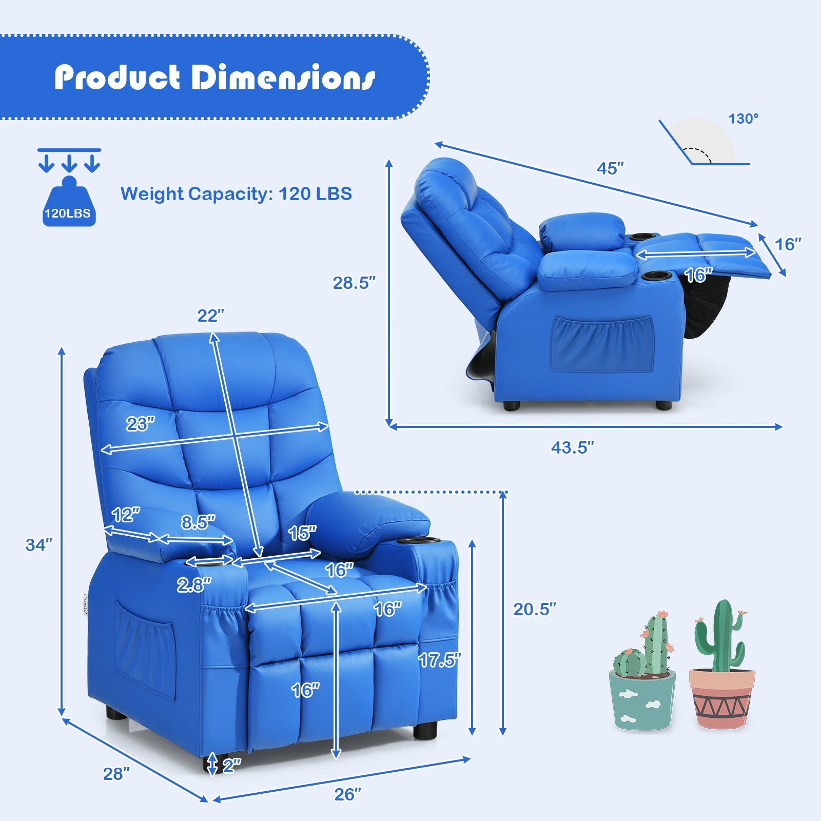 Kids Recliner Chair with Cup Holder and Side Pockets, Children Recliner with Comfortable Backrest, Armrests and Footrest, PU Leather Recliner for Boys and Girls, 3+ Age Group