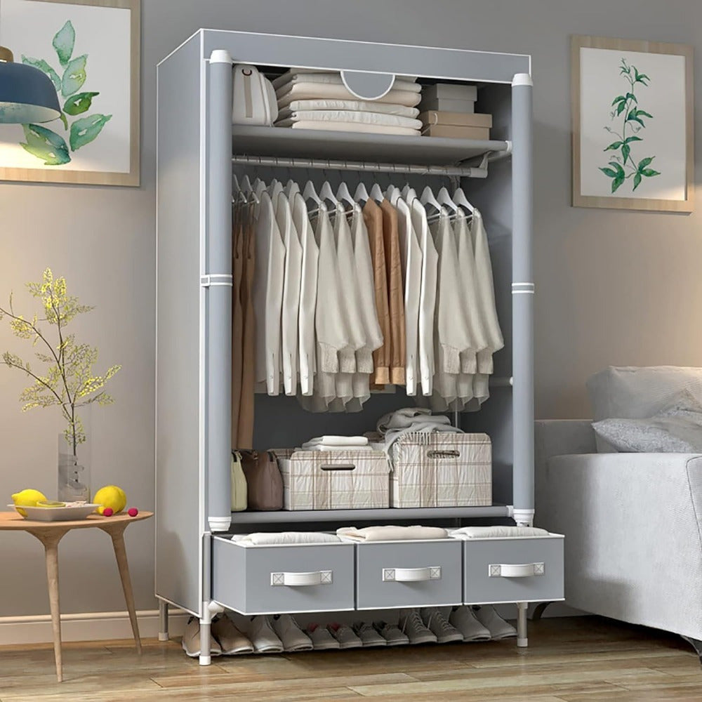 Portable Wardrobe Sliding Door Wardrobe, with Hanging Rack and Non-woven Storage Rack, with Three Drawer Boxes, No Tools Required for Assembly - 67in*35.4in*17.7in Gray, Portable Closets