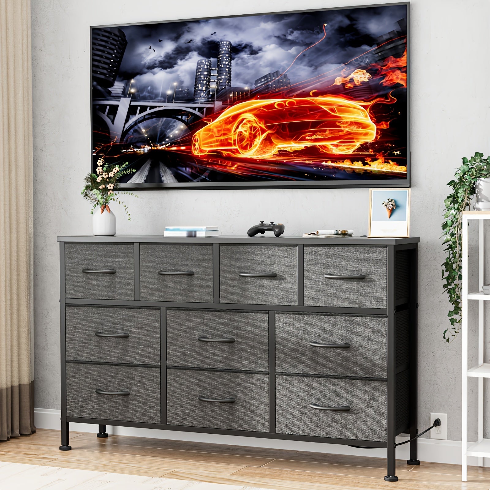 10 Drawer Dresser For Bedroom, Dresser TV Stand With Power Outlet, Entertainment Center Chest Of Drawers For 55'' Long TV, Dresser For Storage And Organization