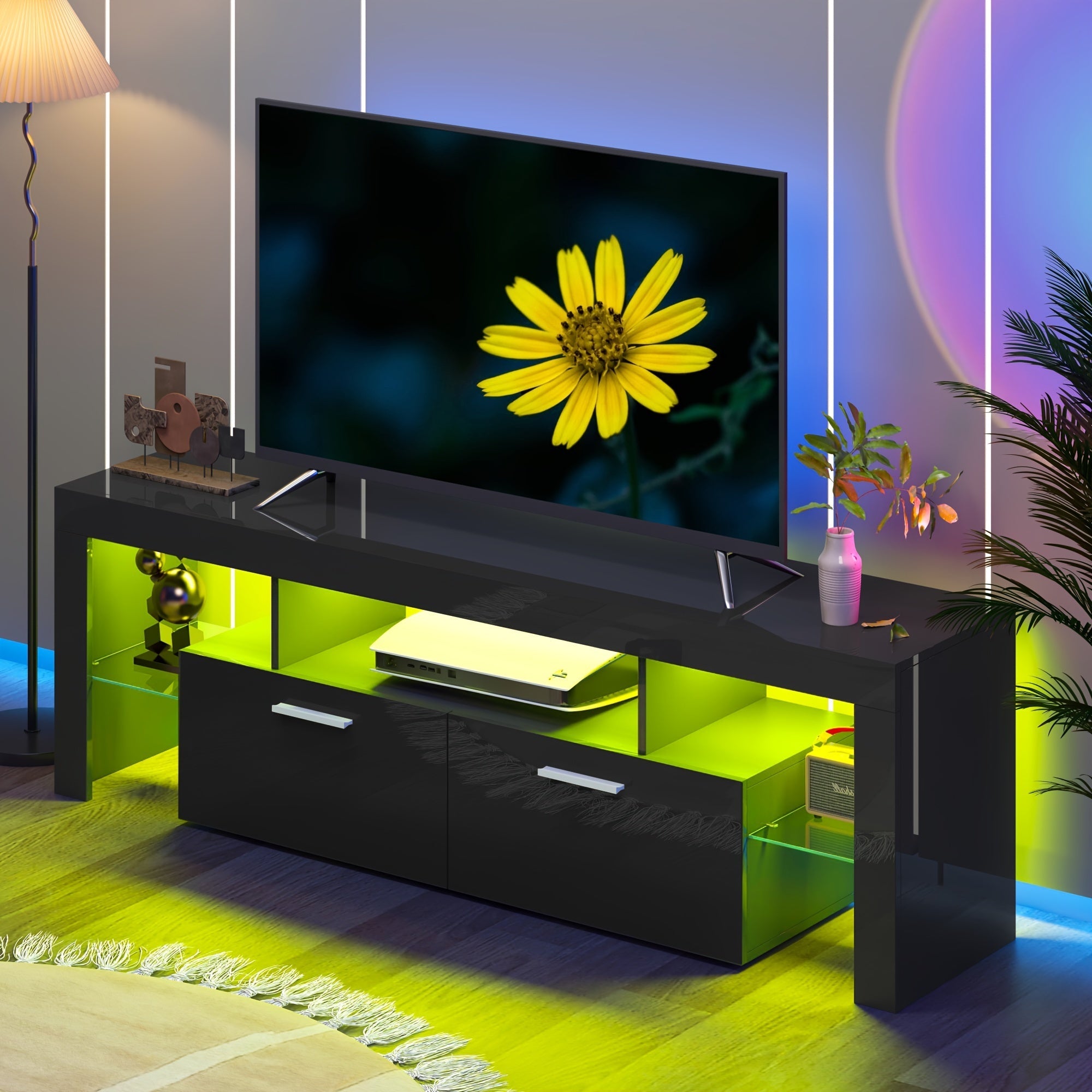 Modern LED 63 inch Long TV Stand for 65 70 75 Inch TV, Black and White Gaming Entertainment Center with Large Drawers and Light, Luxury High Glossy Television Table Center Media Console with Storage and Glass Shelves for Bedr