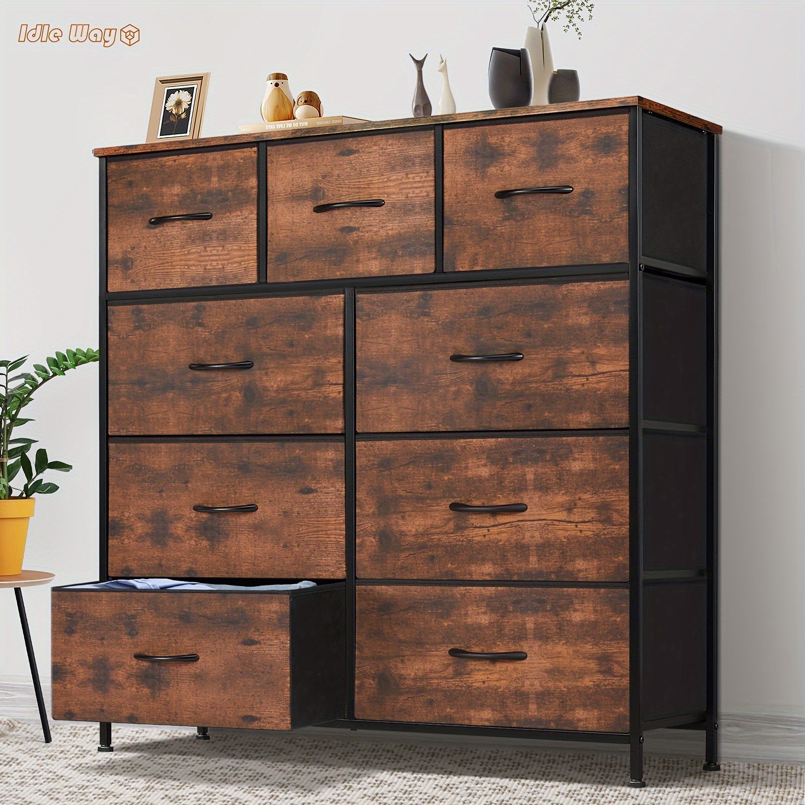 Dresser For Bedroom With 9 Drawers, Dresser With Metal Frame And Wood Tabletop, Clothes Drawer Fabric Closet Organizer, Chest Storage Tower For Living Room, Entryway