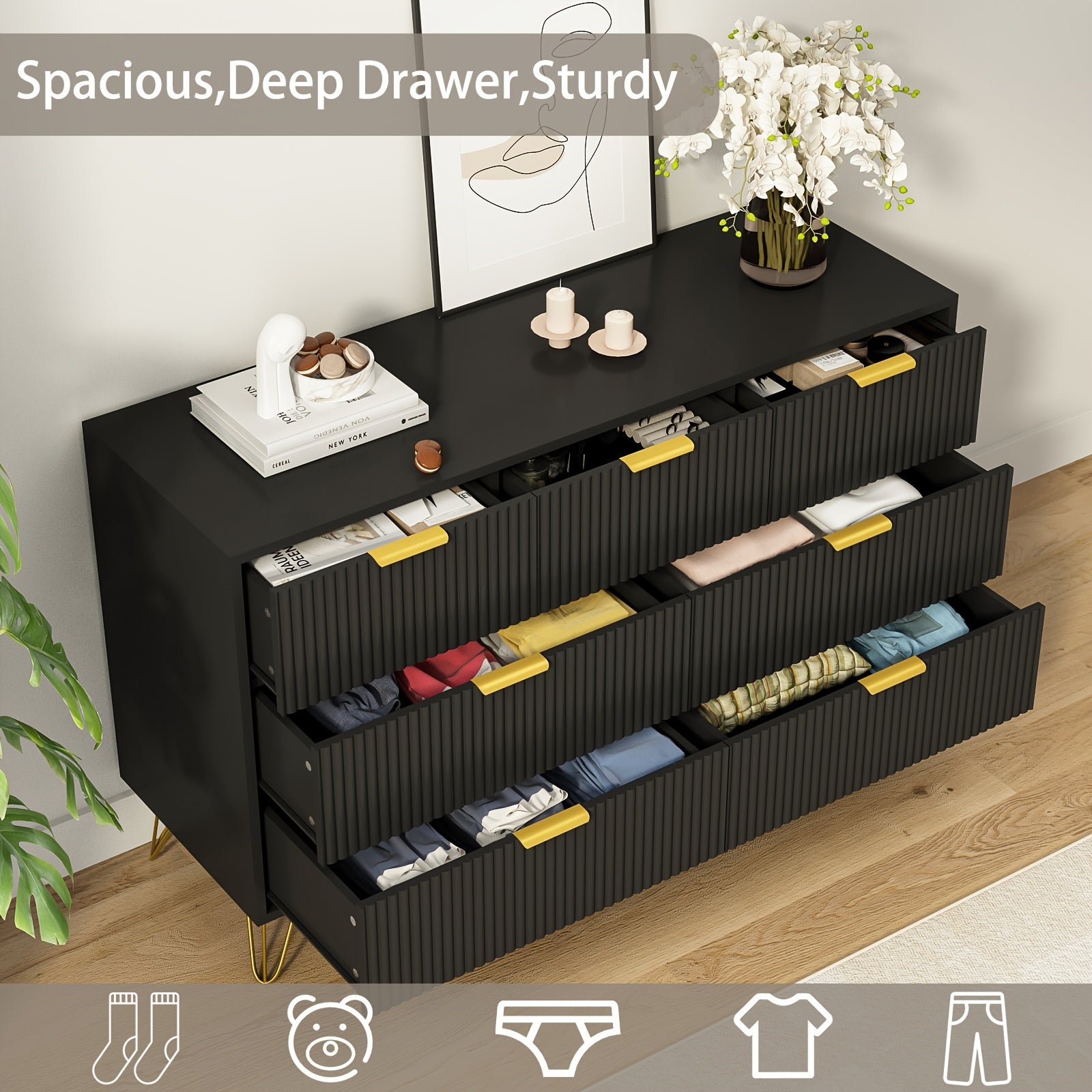 Modern Fluted Wood Dresser with Golden Handle 7 Drawers - White Storage Organizer for Bedroom Living Room Hallway