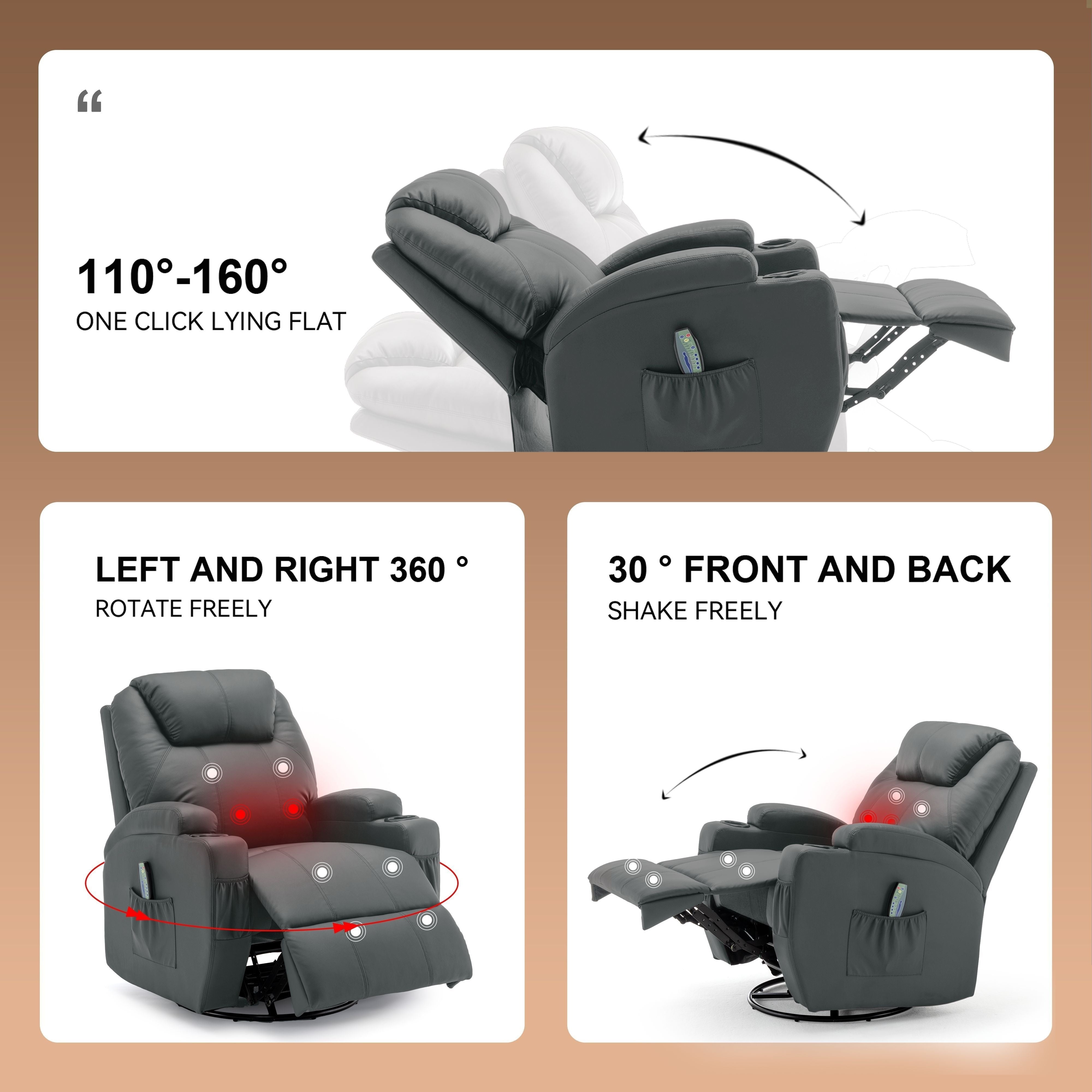 Recliner Chair, Rocking Chair With Massage And Heat, 360° Swivel Recliner Chairs For Adults, Rocker Manual Recliner With Remote Control And Cup Holder For Living Room, Bedroom, Gray, Manual