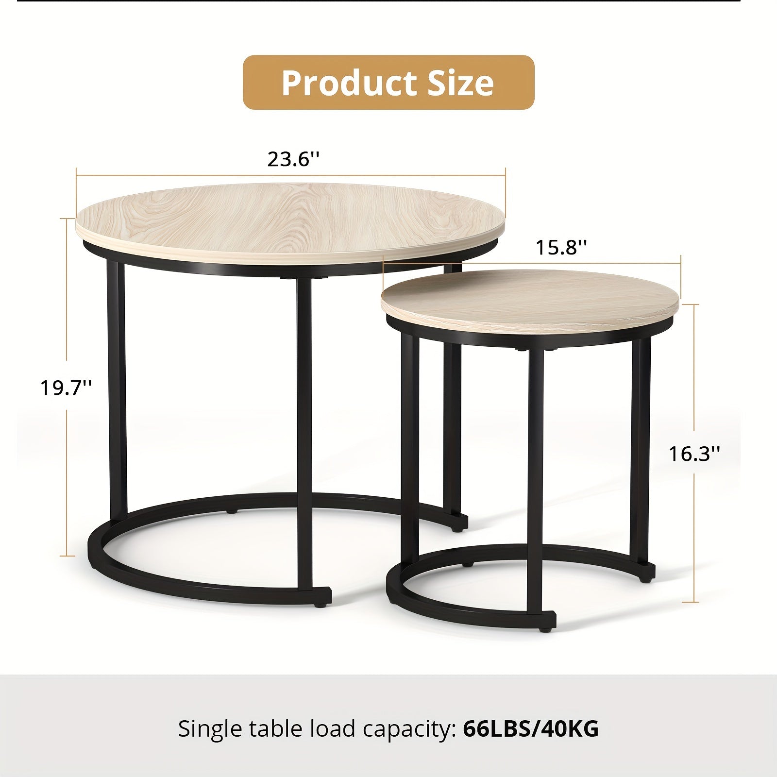 Coffee Tables for Living Room - Small Round Set of 2 Center Table with Solid Wood Grain Table Top and Sturdy Metal