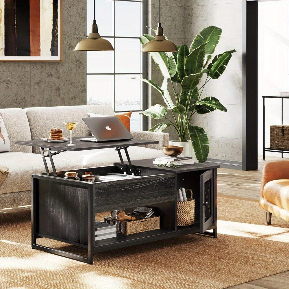 1pc Lift Top Coffee Table with Storage Cabinet, Wood Coffee Table for Living Room, Retro Center Table with Lifting Top, Hidden Compartment And Open Shelf for Home, Office