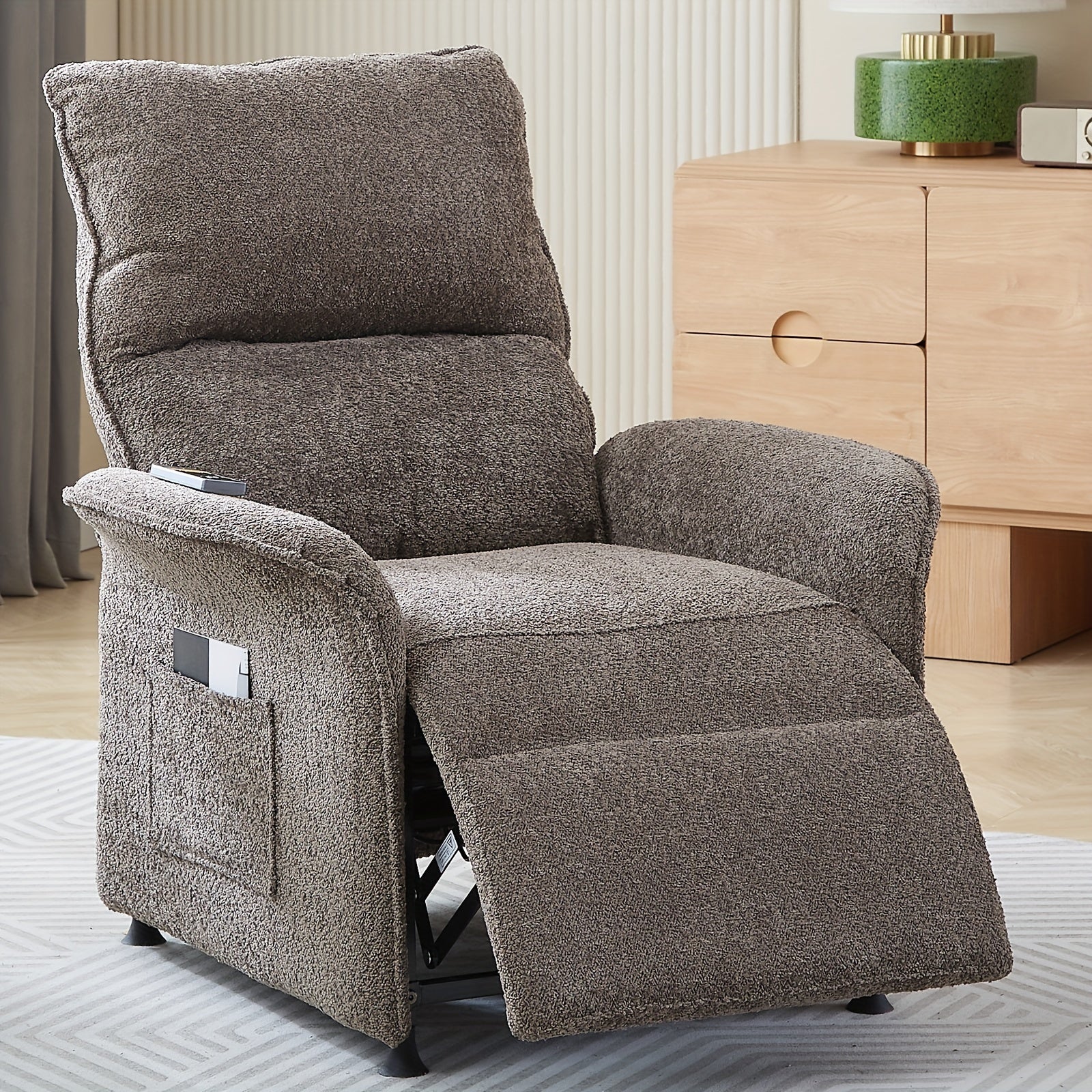 Power Recliner Chair For Living Room, Mid-Century Modern Single Reclining Chair, Sheep Lamb Fabric Lounge Armchair, Reading Chair With Remote Control For Adults