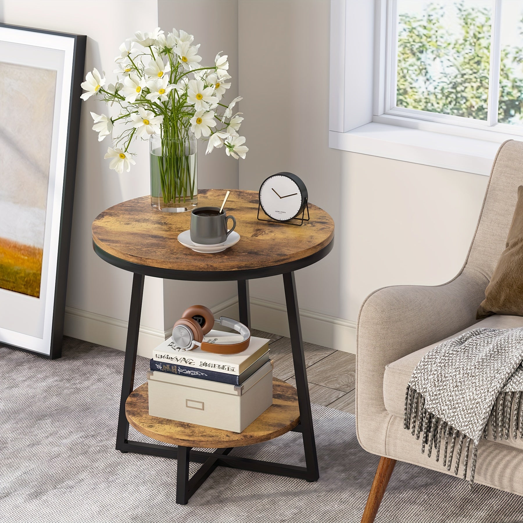 Round End Table, Industrial Nightstand With Storage Shelf, Small Farmhouse Rustic Coffee Table With Steel Frame & Wood Grain, 2-Tier Vintage Side Table For Living Room, Bedroom, Office