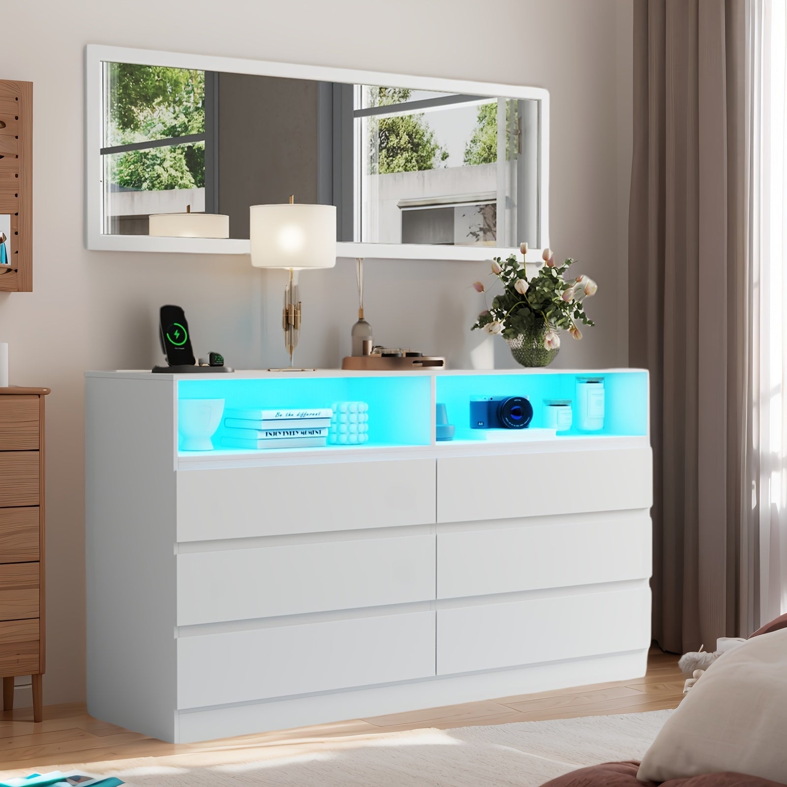Spacious White LED-Lit Dresser with Power Outlet - 3-Drawer Nightstand & Storage Cabinet Durable MDF Construction Ample