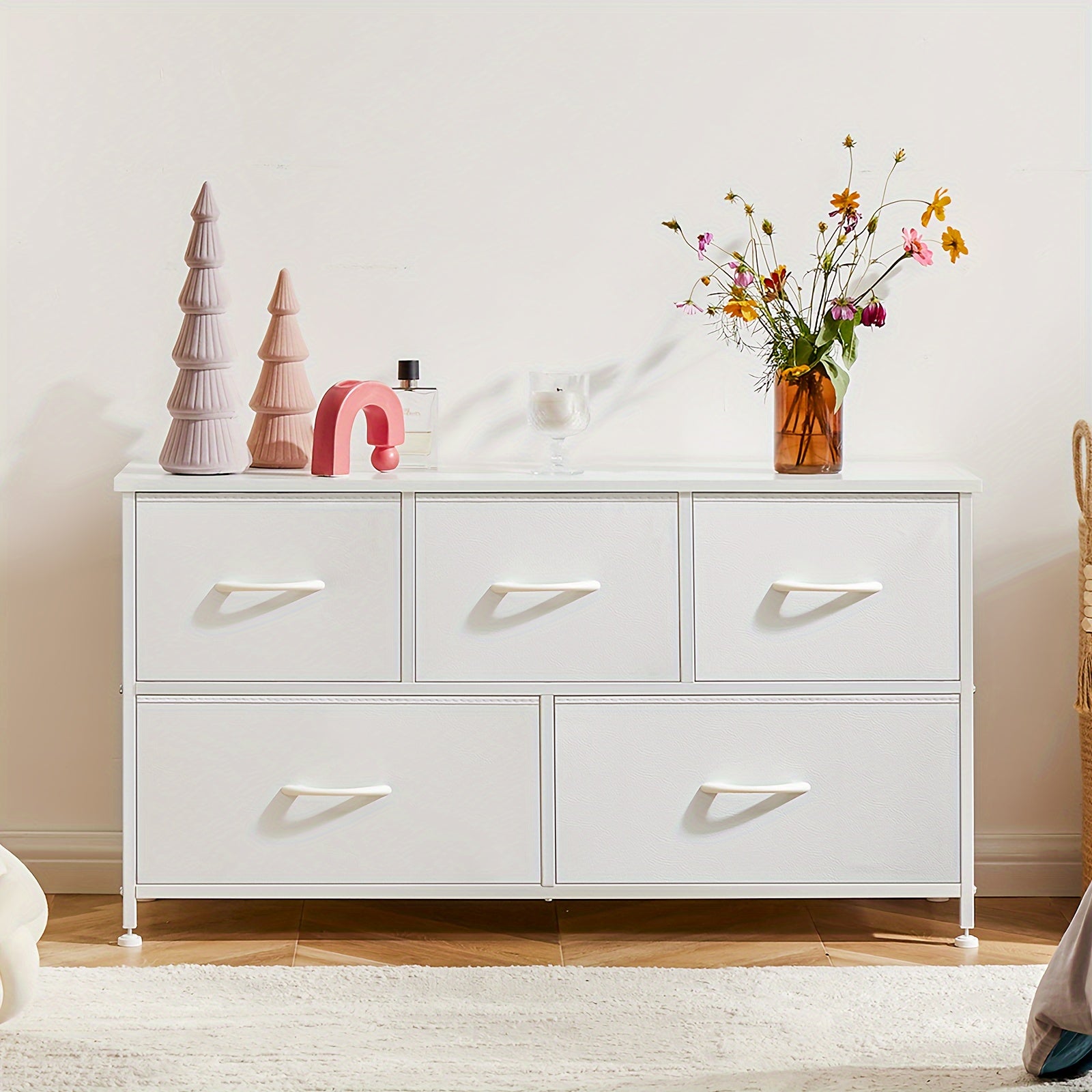 Dresser for Bedroom with 5 Fabric Drawers, Low Chest Organizer Units for Clothing, Closet, Storage Tower with Cabinet, Metal Frame, Wooden Top, Lightweight Nursery Furniture