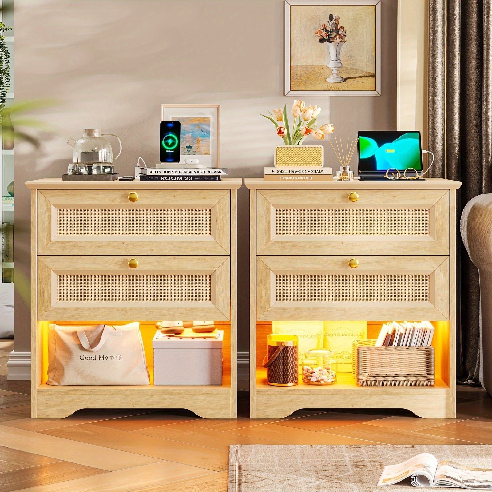 Chic Rattan Nightstand with 2 Drawers & LED Lights - Versatile Bedside Table in Natural or Black Finish