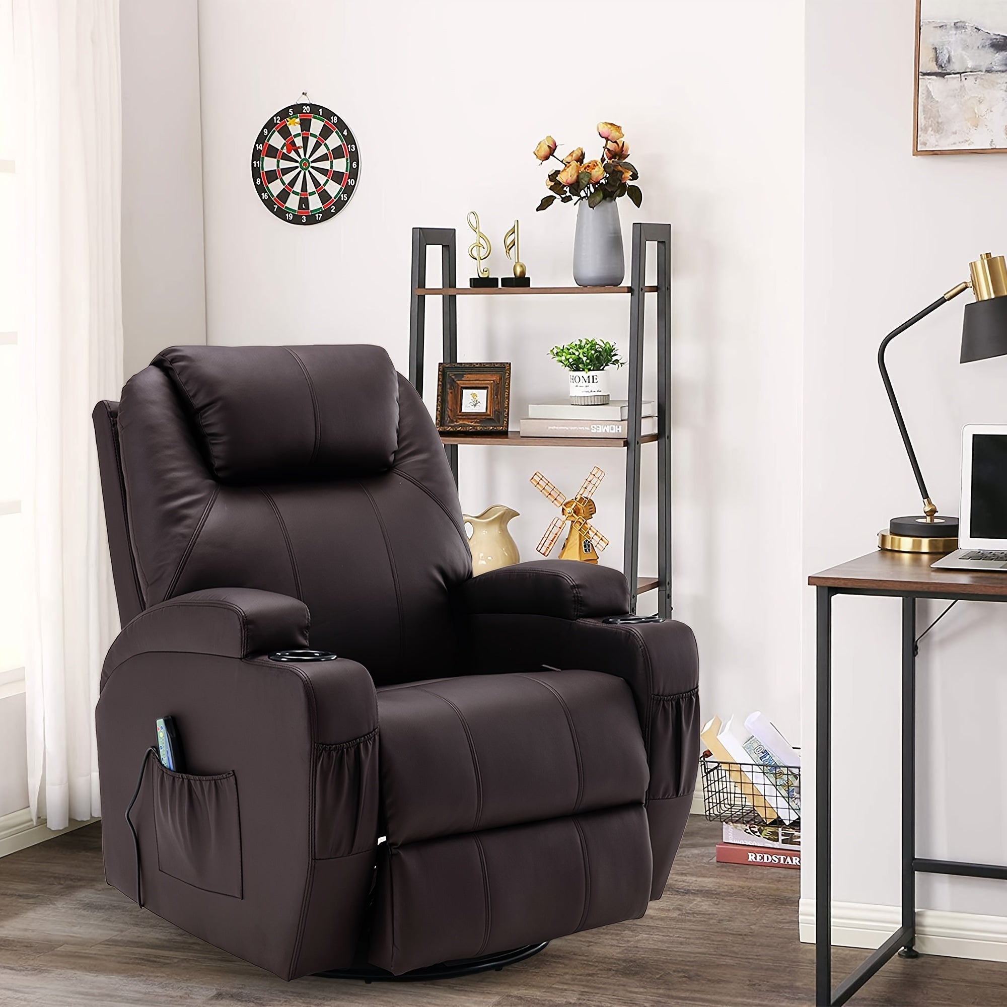 Luxurious Beige Faux Leather Recliner Chair with Heat & Vibration Massage | 360° Swivel Rocker, Side Pocket, Cup Holder | Ideal for Living Room, Bedroom, Conference Room | Powered by 110V/220V