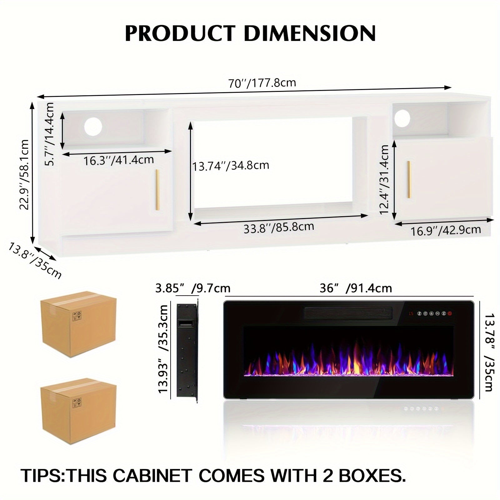 Fireplace tv Stand with 36 inch Fireplace Up to 80" TVs, LED Light Entertainment Center and Storage, 70" Modern Wood Media TV Console with Highlight Cabinet for Living Room