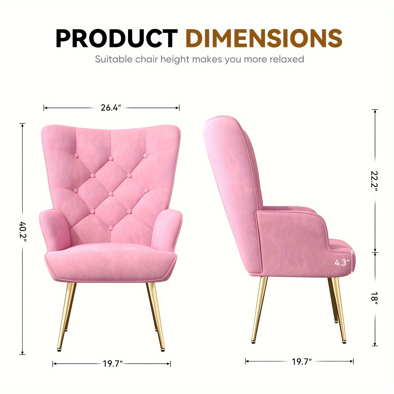 Velvet Accent Chair, Mid Century Modern Living Room Chairs, Bedroom Chair with High Backrest, Tufted Button Wingback Sofa Chairs, Upholstered Comfy Side Armchair with Metal Legs for Office, Lab, Pink