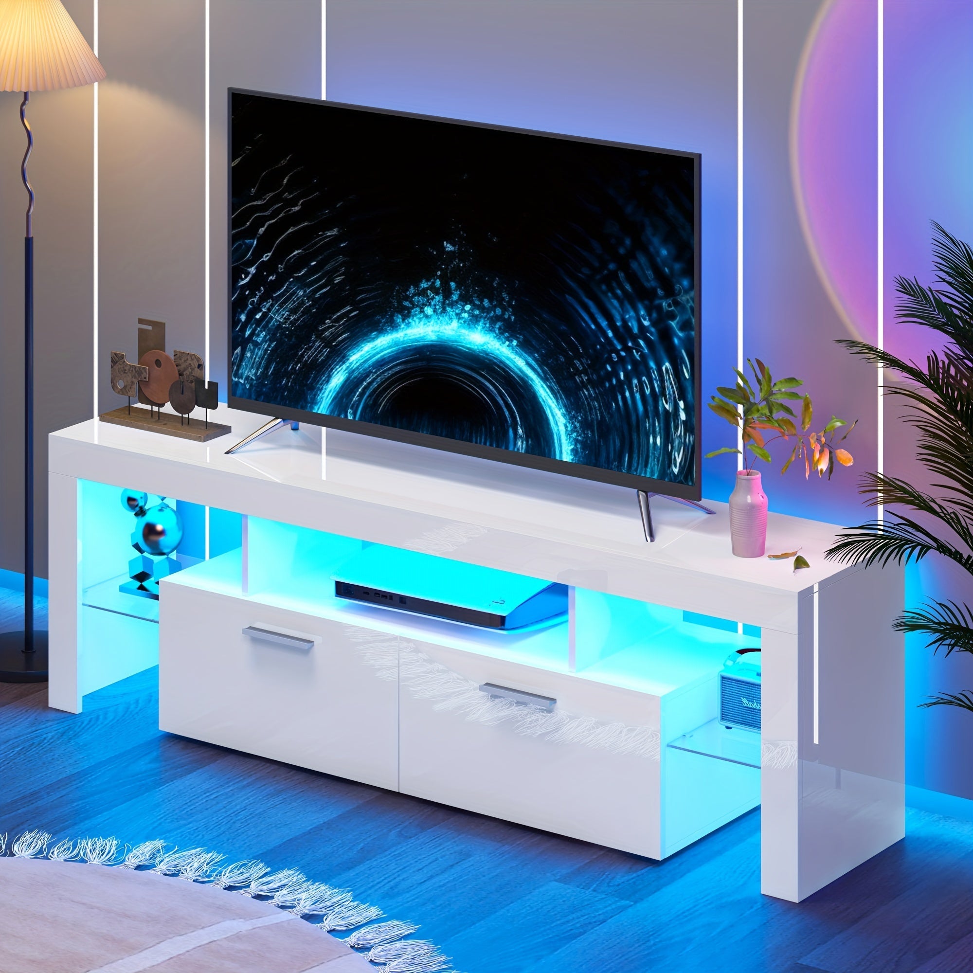 Modern LED 63 inch Long TV Stand for 65 70 75 Inch TV, Black and White Gaming Entertainment Center with Large Drawers and Light, Luxury High Glossy Television Table Center Media Console with Storage and Glass Shelves for Bedr