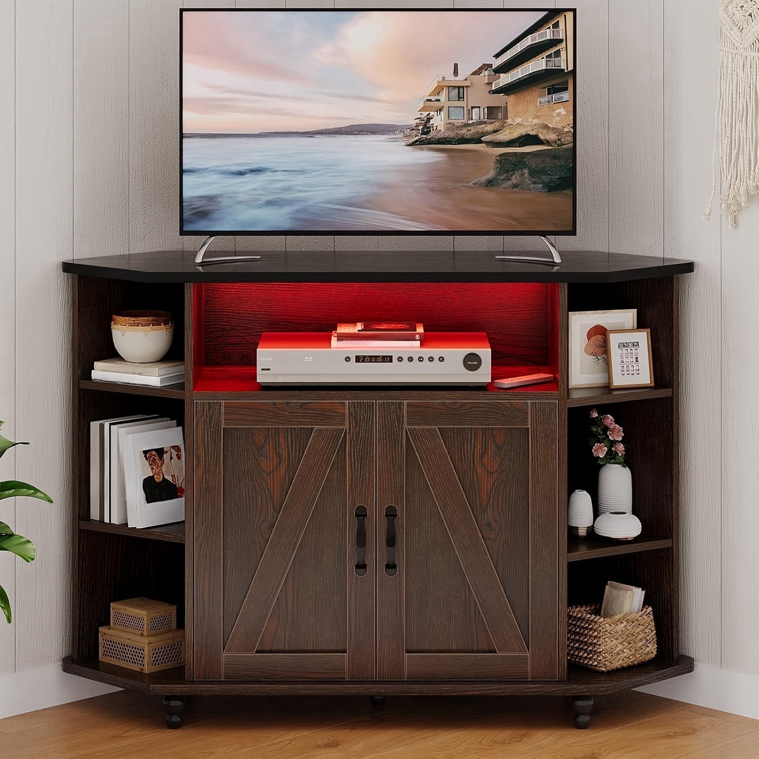 Office Corner TV Stand For With LED Lights Studio Corner TV Cabinet With Adjustable Shelves Corner Entertainment Center