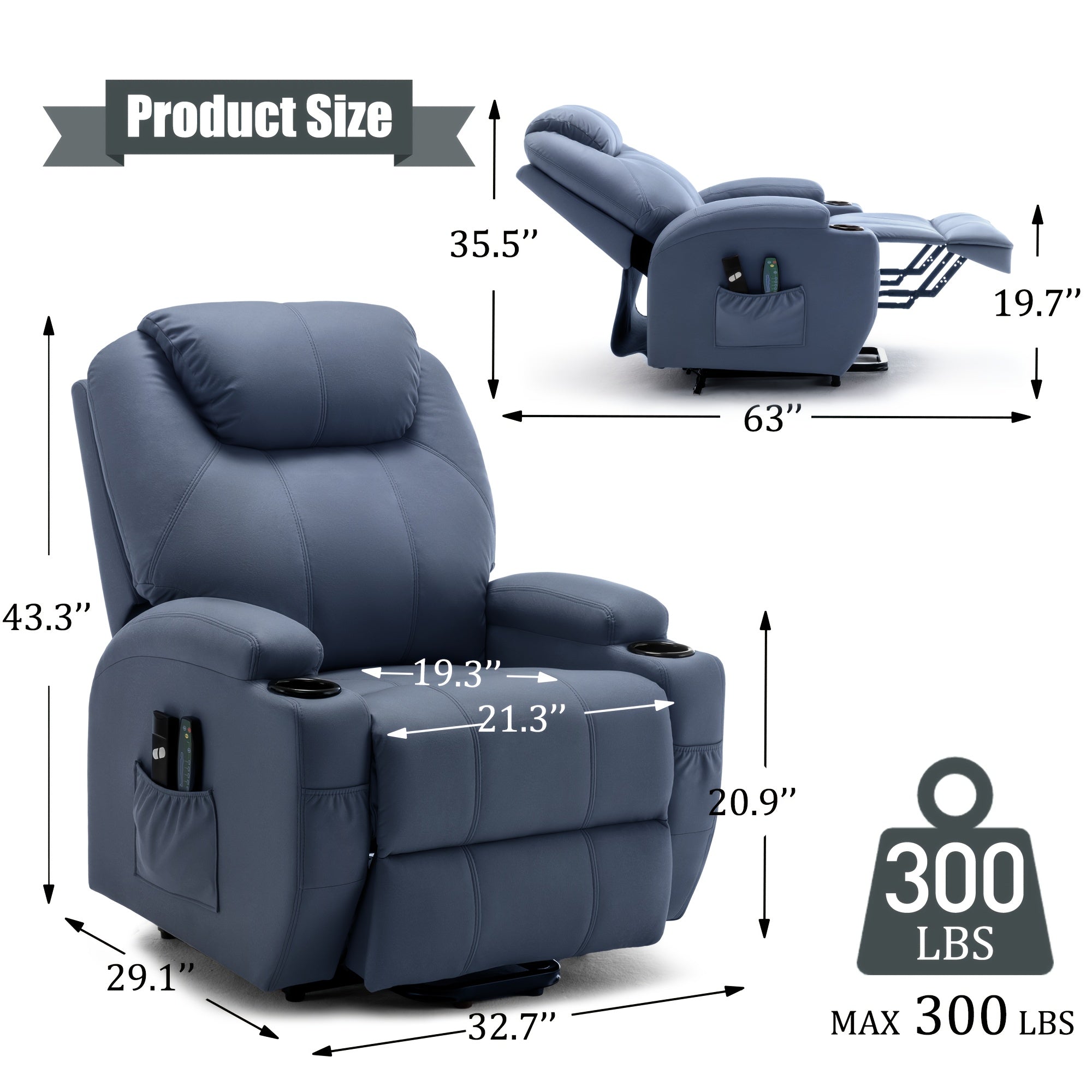 Fabric Power Lift Recliner Chair For Elderly And Adults, Electric Recliner With Massage And Heating, Recliner Chair With Remote Control And Cup Holder