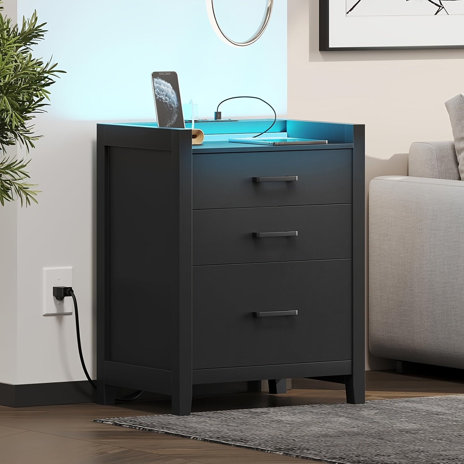 Black Nightstand with LED Light and Charging Station, Nightstand with 3 Drawers, End Side Table with USB Ports and Outlets, Modern Bedside Table for Bedroom, 1pcs