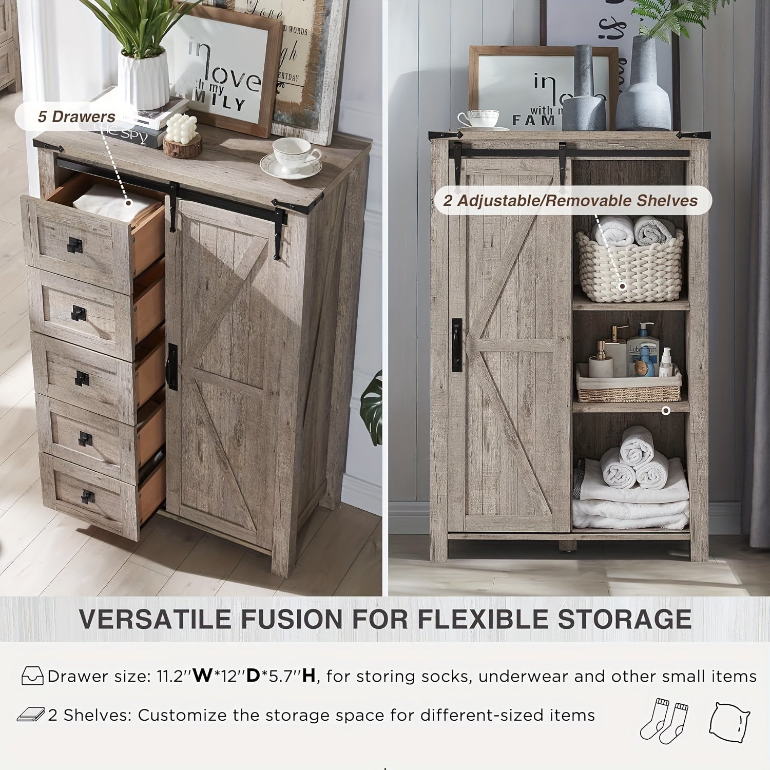 5 Drawers Dresser For Bedroom W/Sliding Barn Door Farmhouse Modern Tall Dresser 5 Chest Of Drawers Storage Organizer