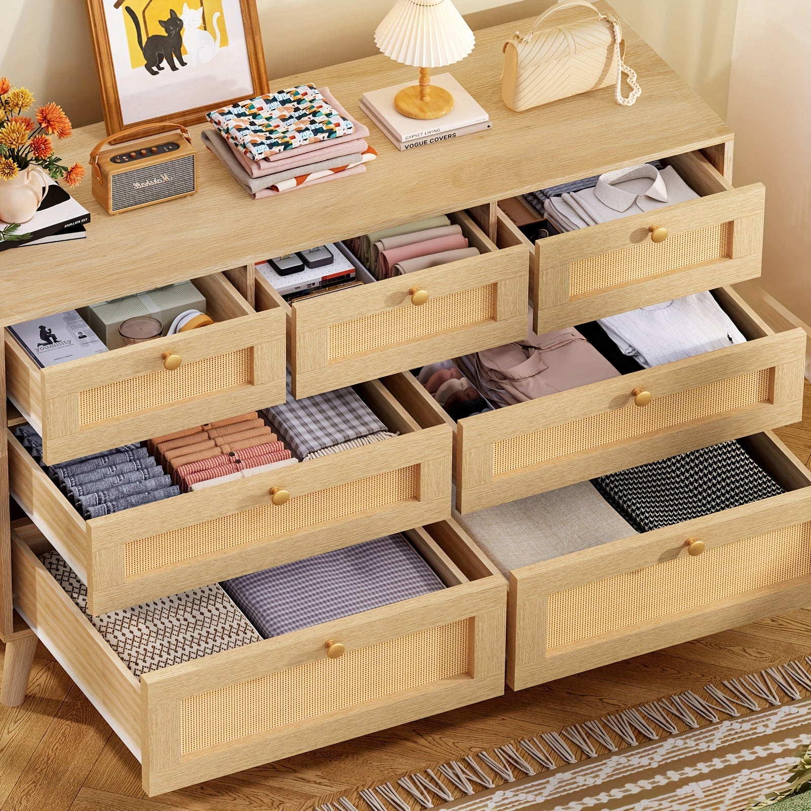 Rattan Dresser For Bedroom, 7 Drawer Dresser With Metal Slides, Rattan Closet Dressers Chest Of Drawers For Bedroom, Living Room, Entryway, Natural