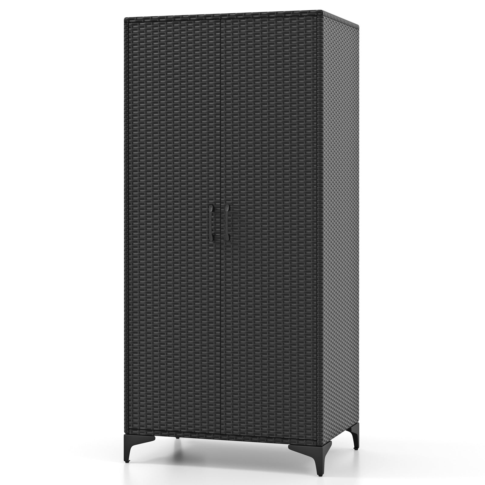 62" Black Wicker Wardrobe with 2 Doors, PE Rattan Armoire Closet on Sturdy Metal Frame - Includes Hanging Rod & 4 Storage Cubes, Ideal for Bedroom, Patio, Garage - Elegant, Durable & Versatile Organizer, Portable Closet