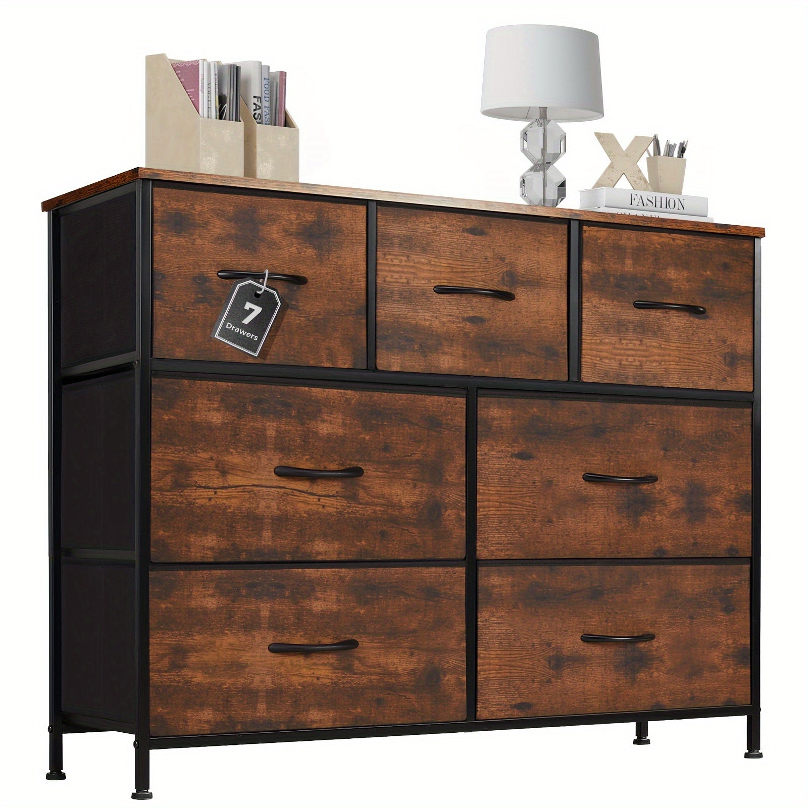 Wide Fabric Dresser 7 Drawer Dresser TV Stand For 45’’ TV Dressers Bedroom Furniture Large Storage Tower Unit