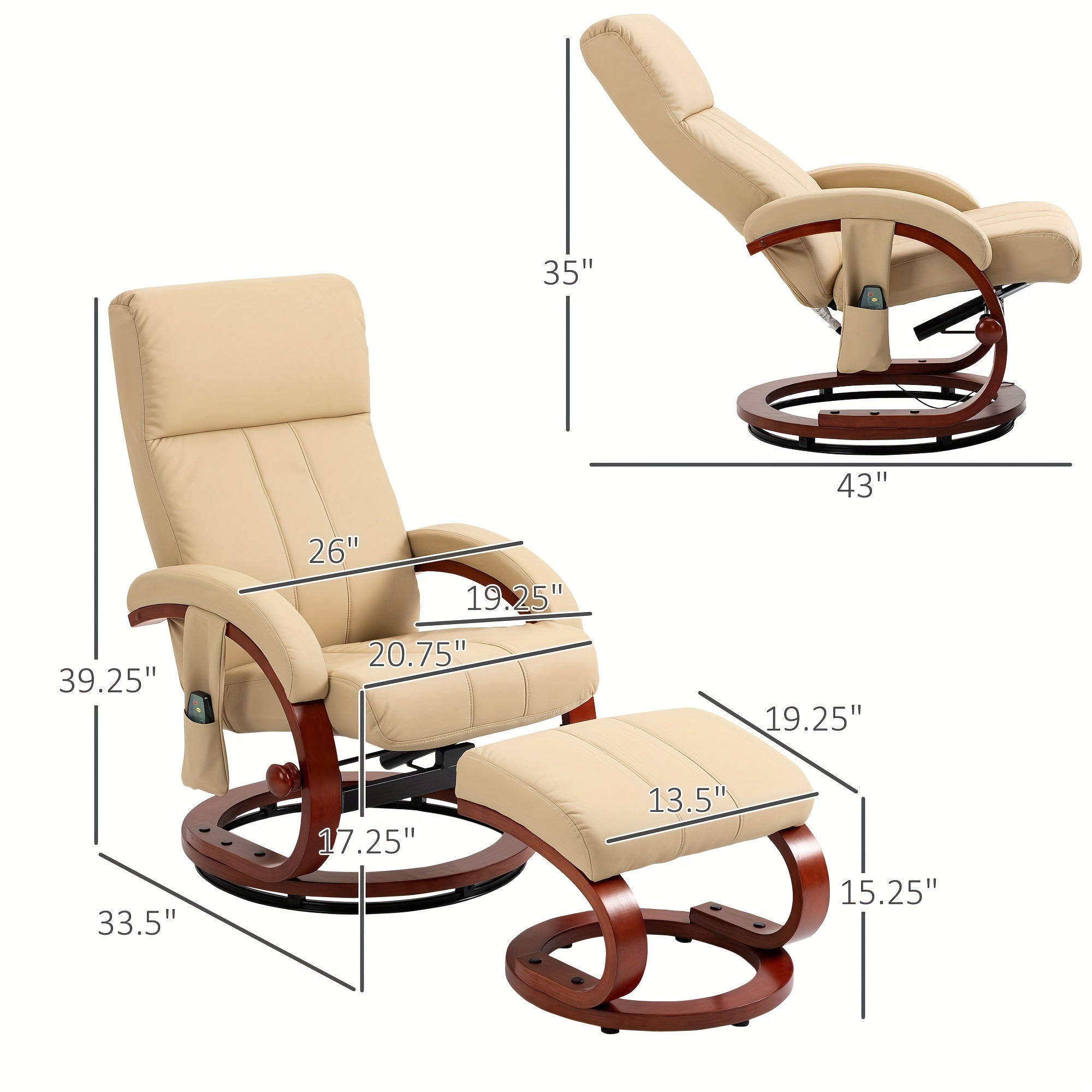 Recliner Chair with Ottoman, Electric Faux Leather Recliner with 10 Vibration Points and 5 Massage Mode, Reclining Chair with Remote Control, Swivel Wood Base and Side Pocket, Beige