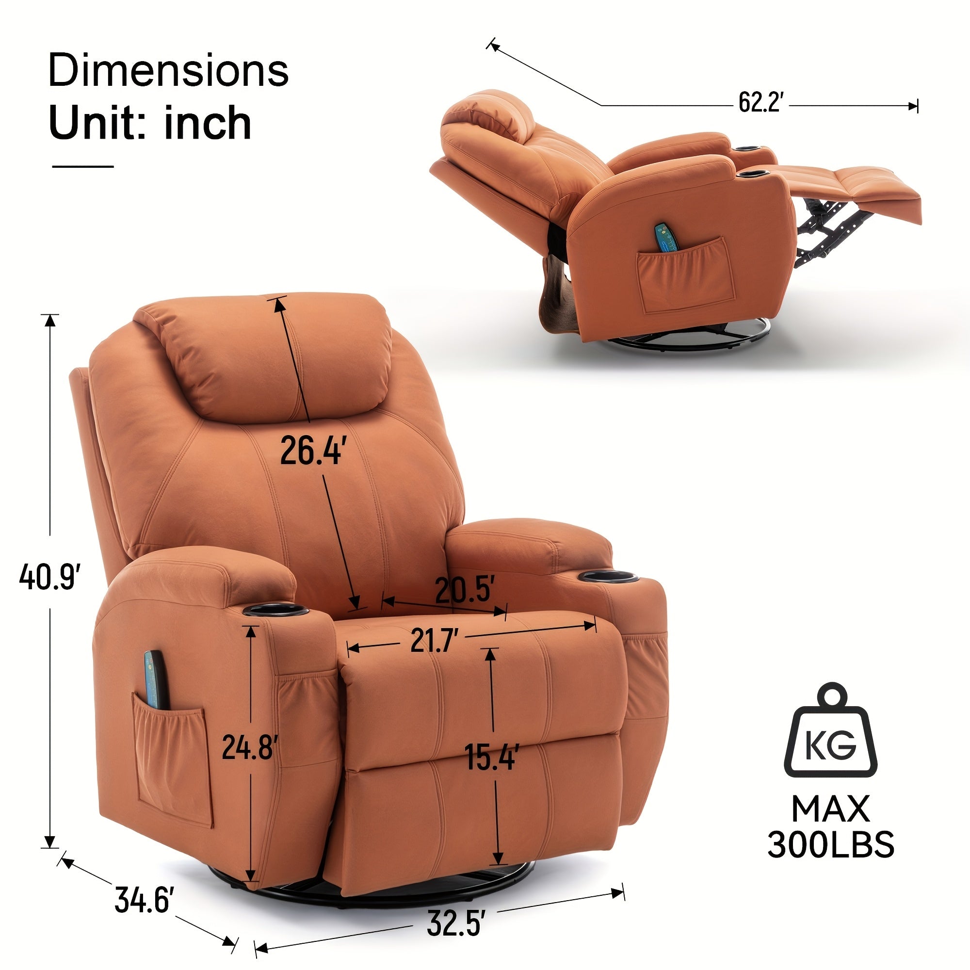 Ergonomic Orange Recliner Chair with Massage & Heat, 360° Swivel, Remote Control, Cup Holder - Manual Operation, Hardwood Frame