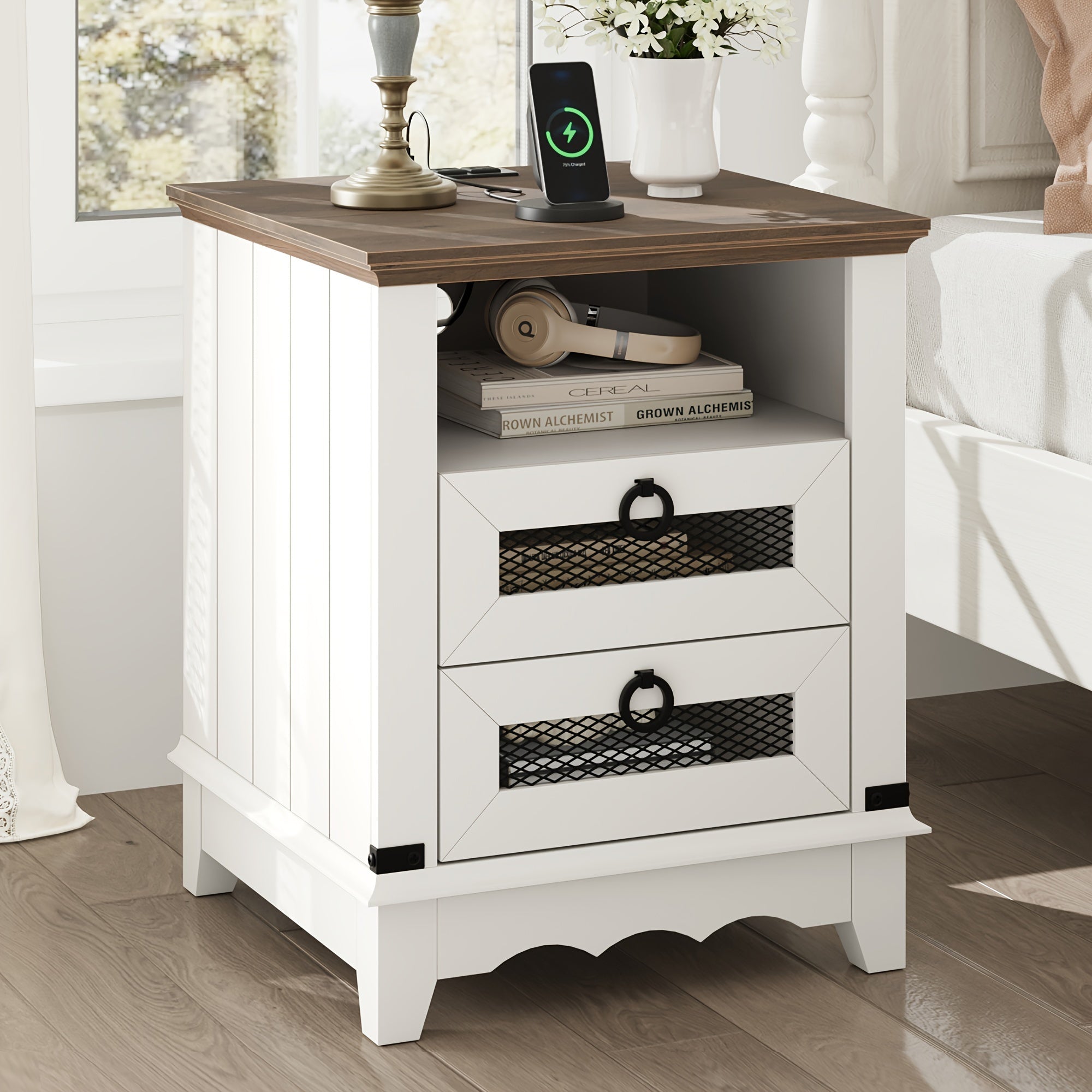 Farmhouse End Table White Nightstand Wood Sofa Table Square Side Table Nesting Table With 2 Drawers For Bedroom Living Room